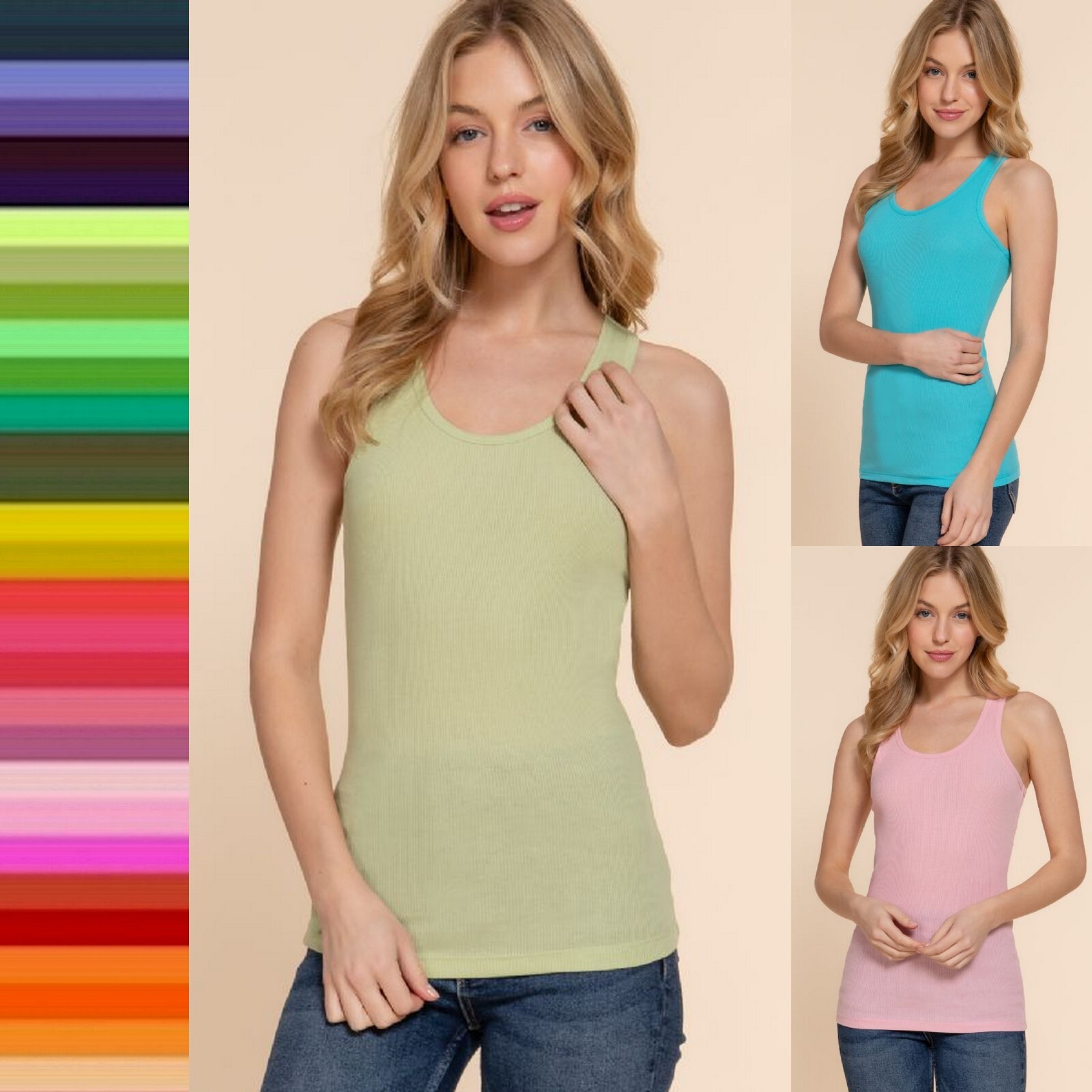 Round Neck Racerback Ribbed Tank Top Soft Stretch Thin Cotton Fitted Sleeveless