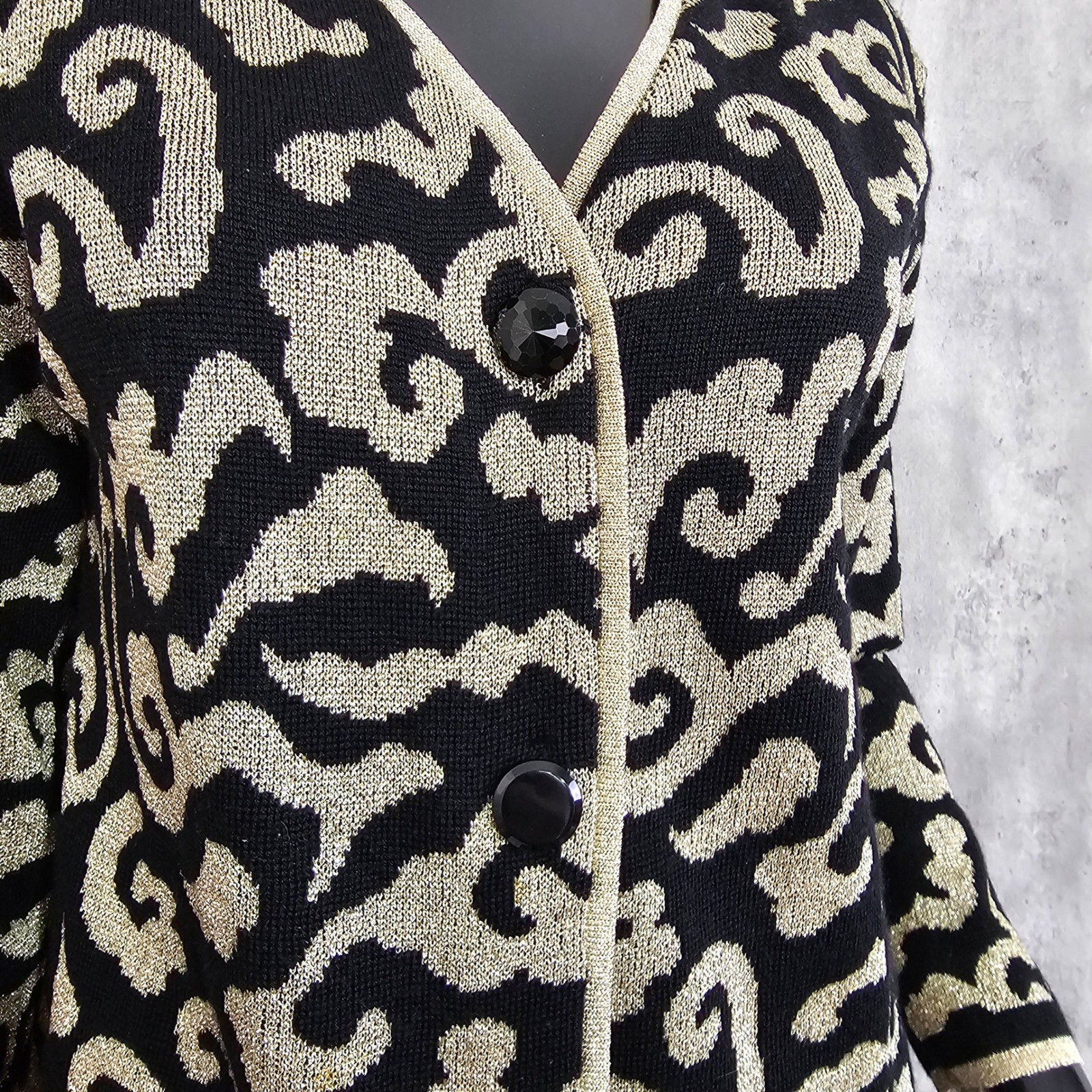 Vintage 80s 90s Tesori Baroque Knit Jacket Gold Black Wool Cardigan XS