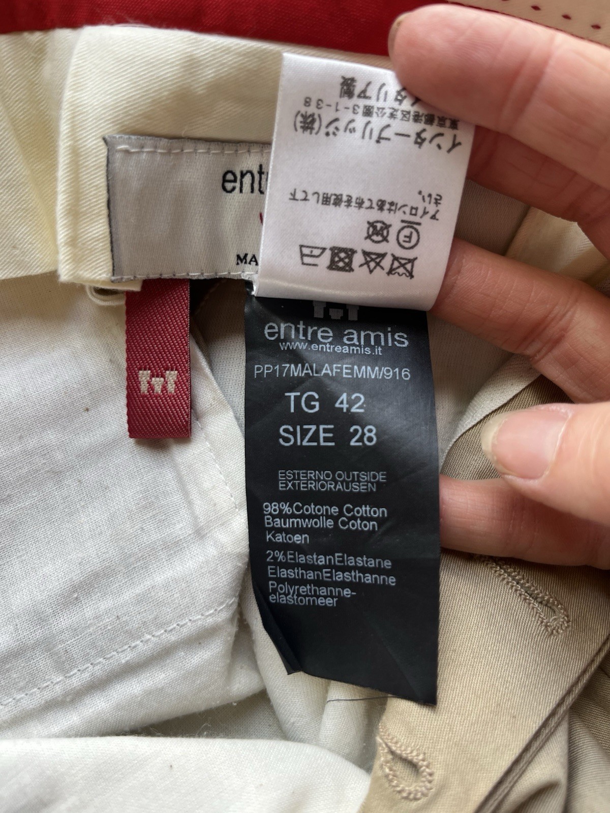 Entre Amis Chino Trousers Mens Size W28 L29 Beige Cotton Stretch Made in Italy
