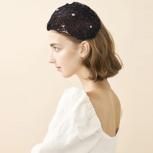4 Pcs Wide Lace Headband for Women,Lace Pearl Hollow Elastic Headwrap,Boho