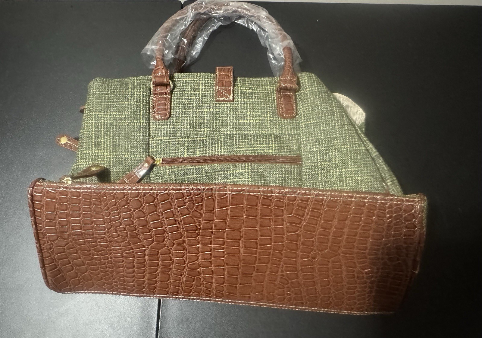 Samantha Brown Green Tweed Satchel Top Handle, Zip, Detachable Strap