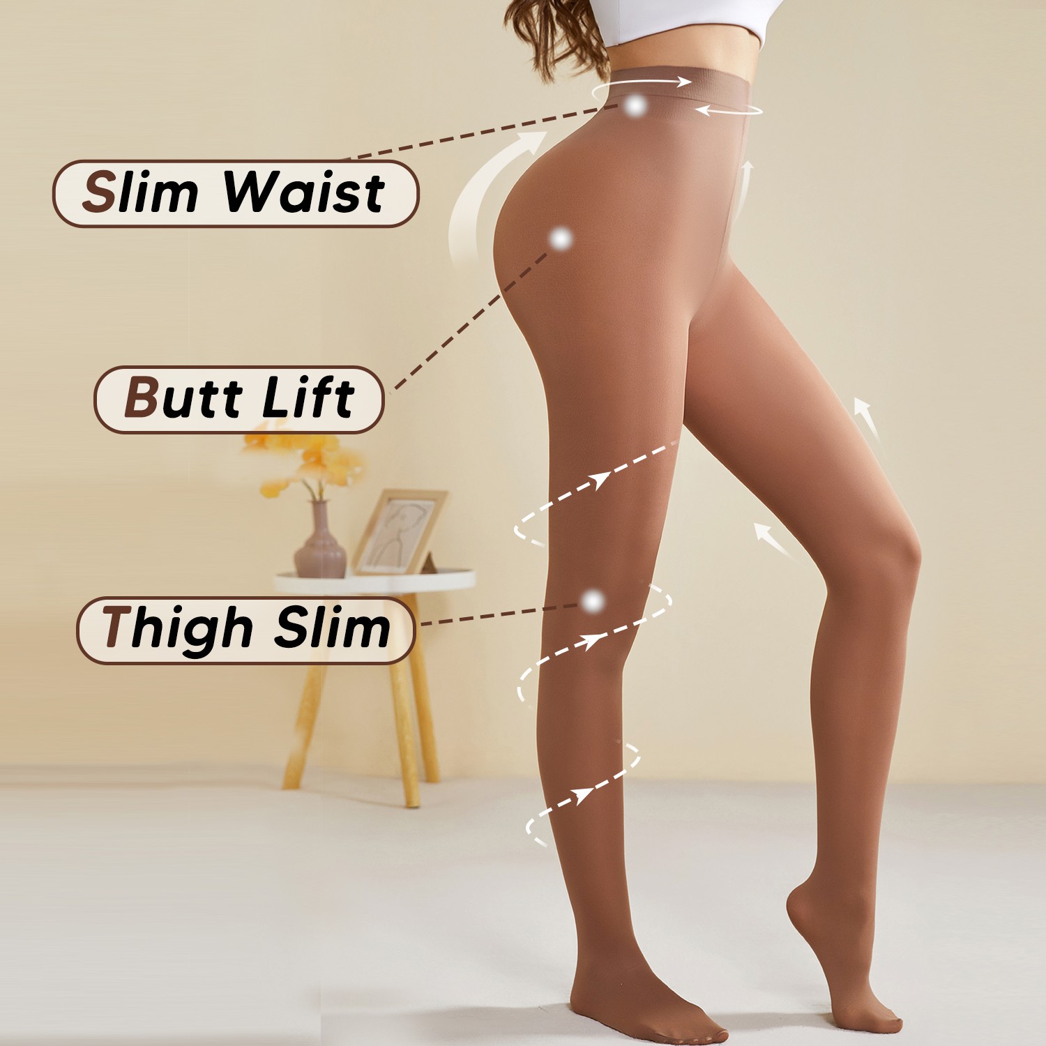 Semi Sheer Control Top Pantyhose for Women High Waist High Stretch Tights Black