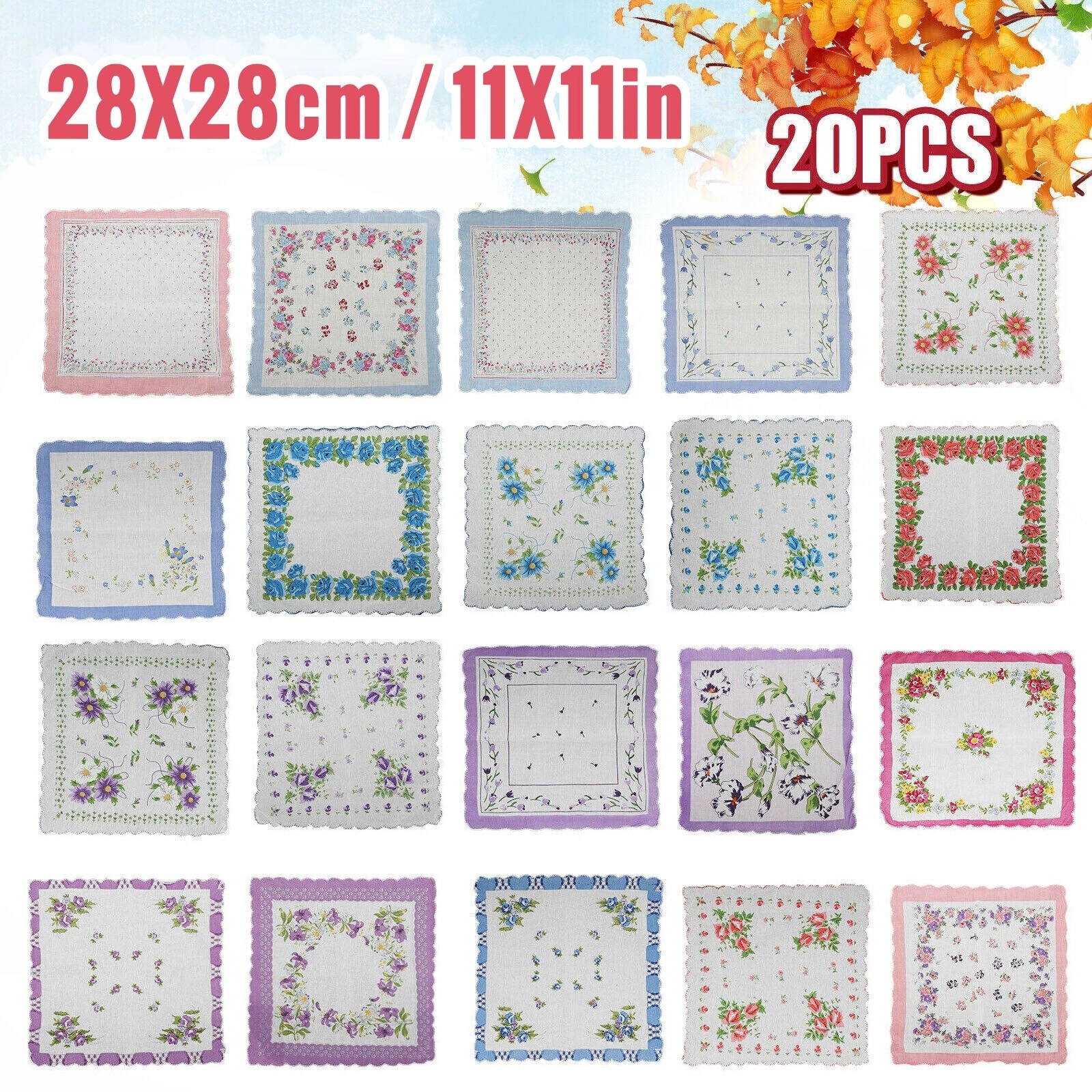 20PCS Women Vintage Floral Flowers Handkerchief 100% Cotton Square Hanky Ladies
