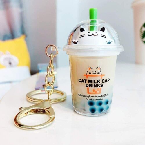 Boba Milk Tea Keychain Cat Milk Cap Series (Moving Liquid and Boba)