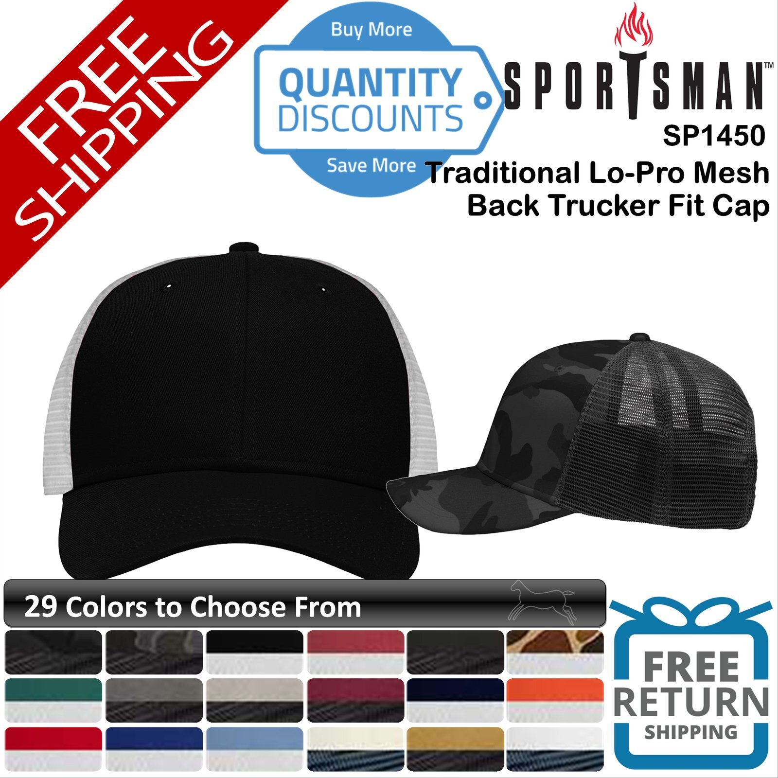 🔥 Sportsman Men Traditional Lo-Pro Mesh Back Trucker Cap Hat six-panel SP1450