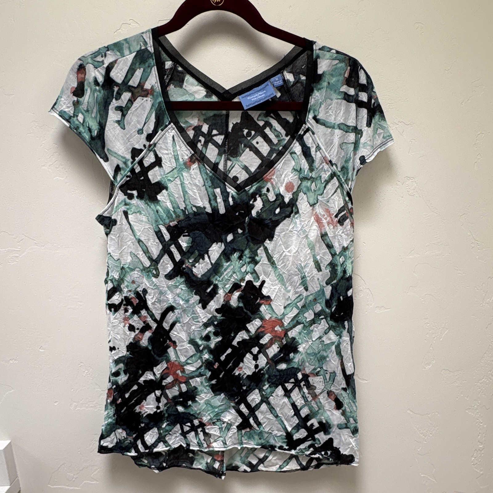 Simply Vera Vera Wang Women’s M Multicolor Abstract Sheer Mesh V-Neck Cap Sleeve