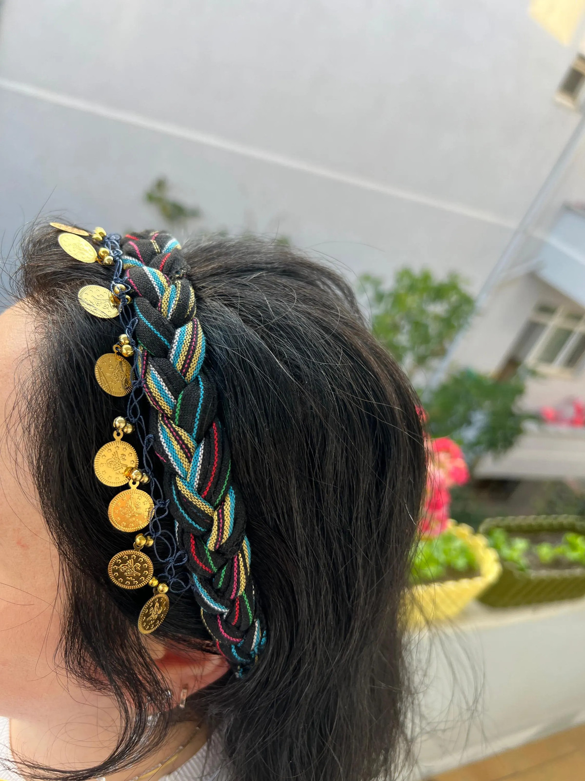Bohemian Braided Hair Band with Gold Coin Charms Handmade Unique Boho Vintage
