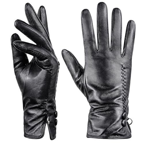 Sheepskin Leather Gloves for Women, Soft Warm Cashmere Lining Full Hand Medium