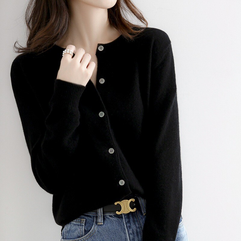 Women Cardigan Solid Color Sweater Cashmere Blend Simple Crew Neck Jacket Coat