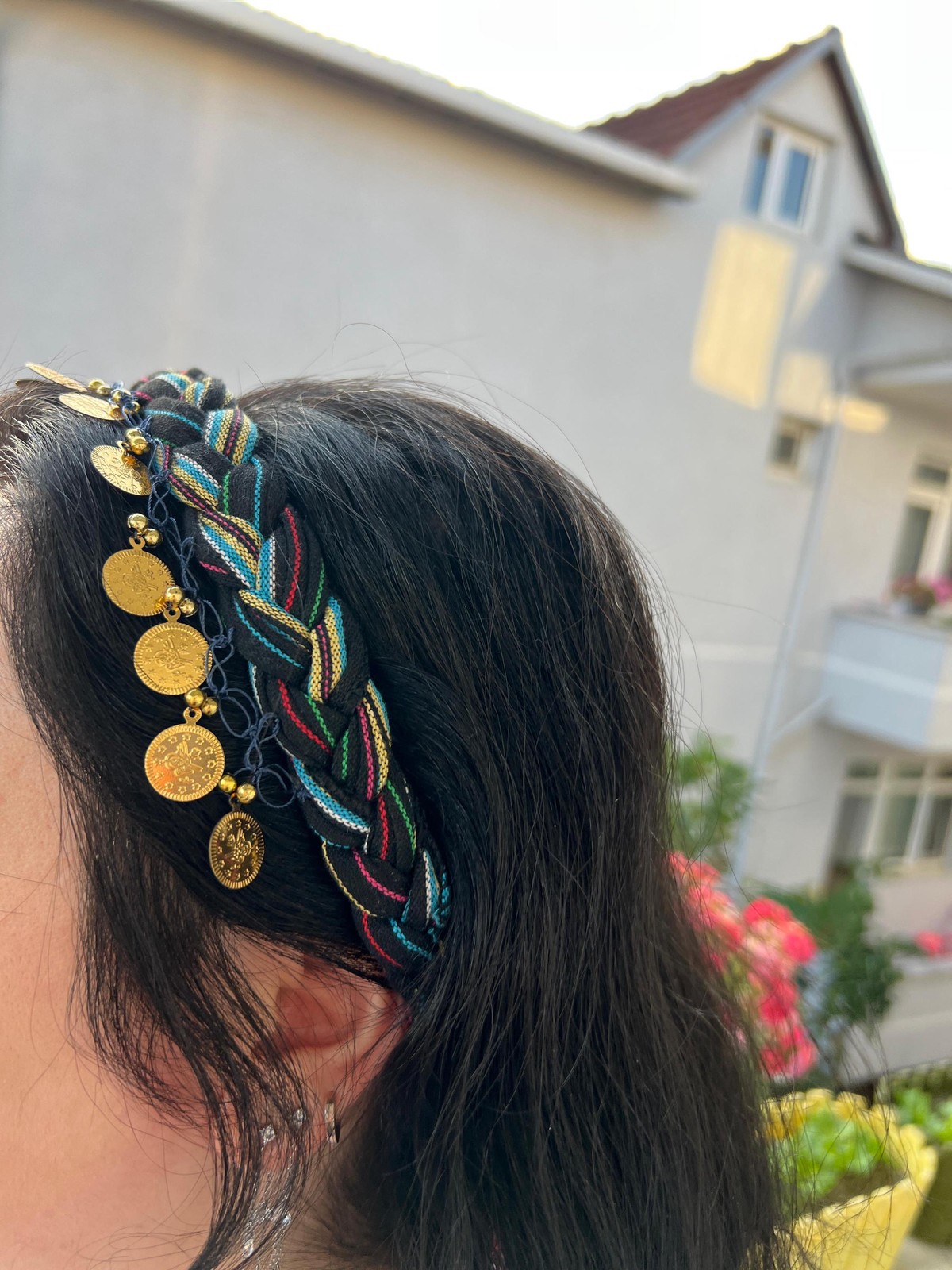 Bohemian Braided Hair Band with Gold Coin Charms Handmade Unique Boho Vintage