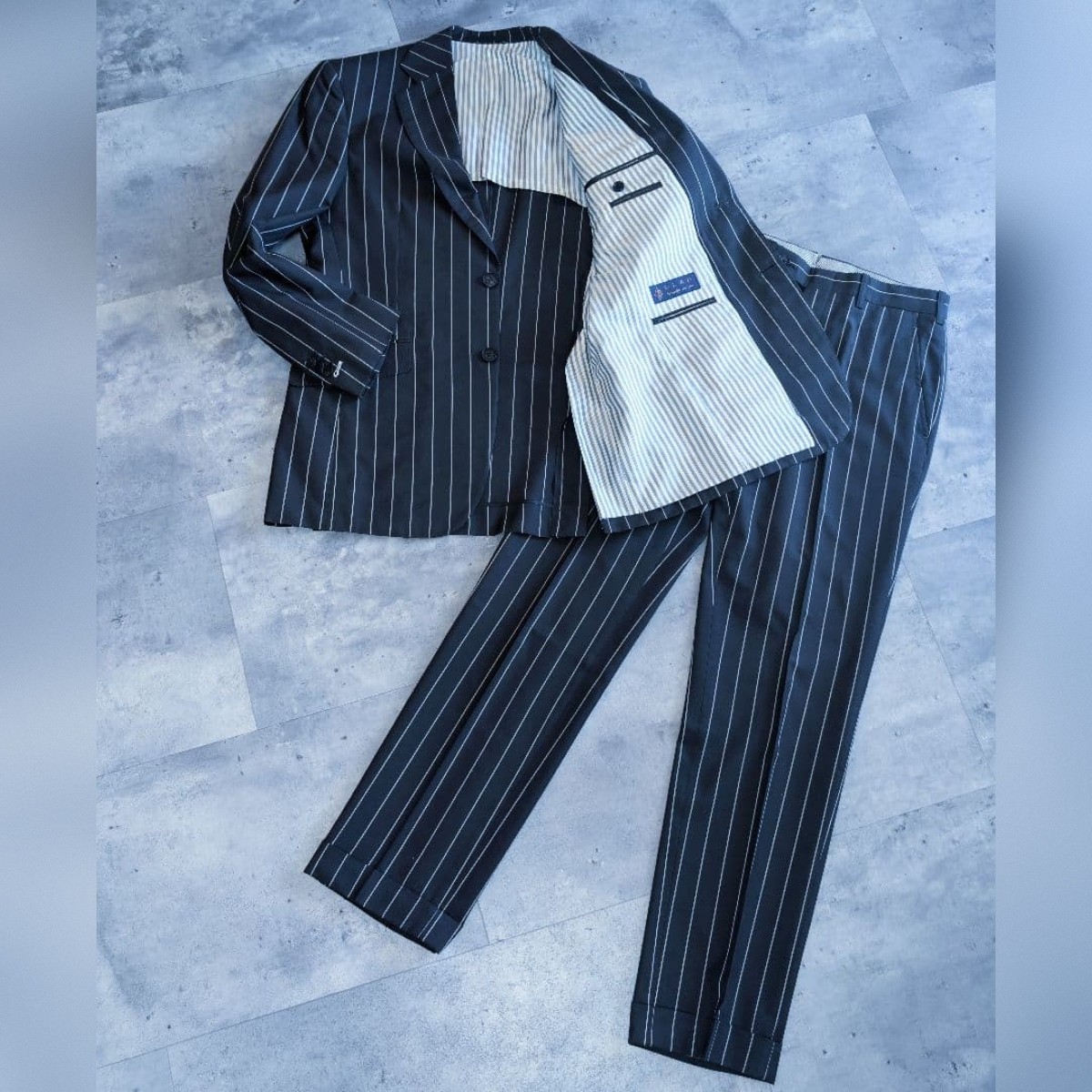 ERMENEGILDO ZEGNA Chalk Stripe Suit Black Cotton Silk Slim Fit 38R 2 Piece