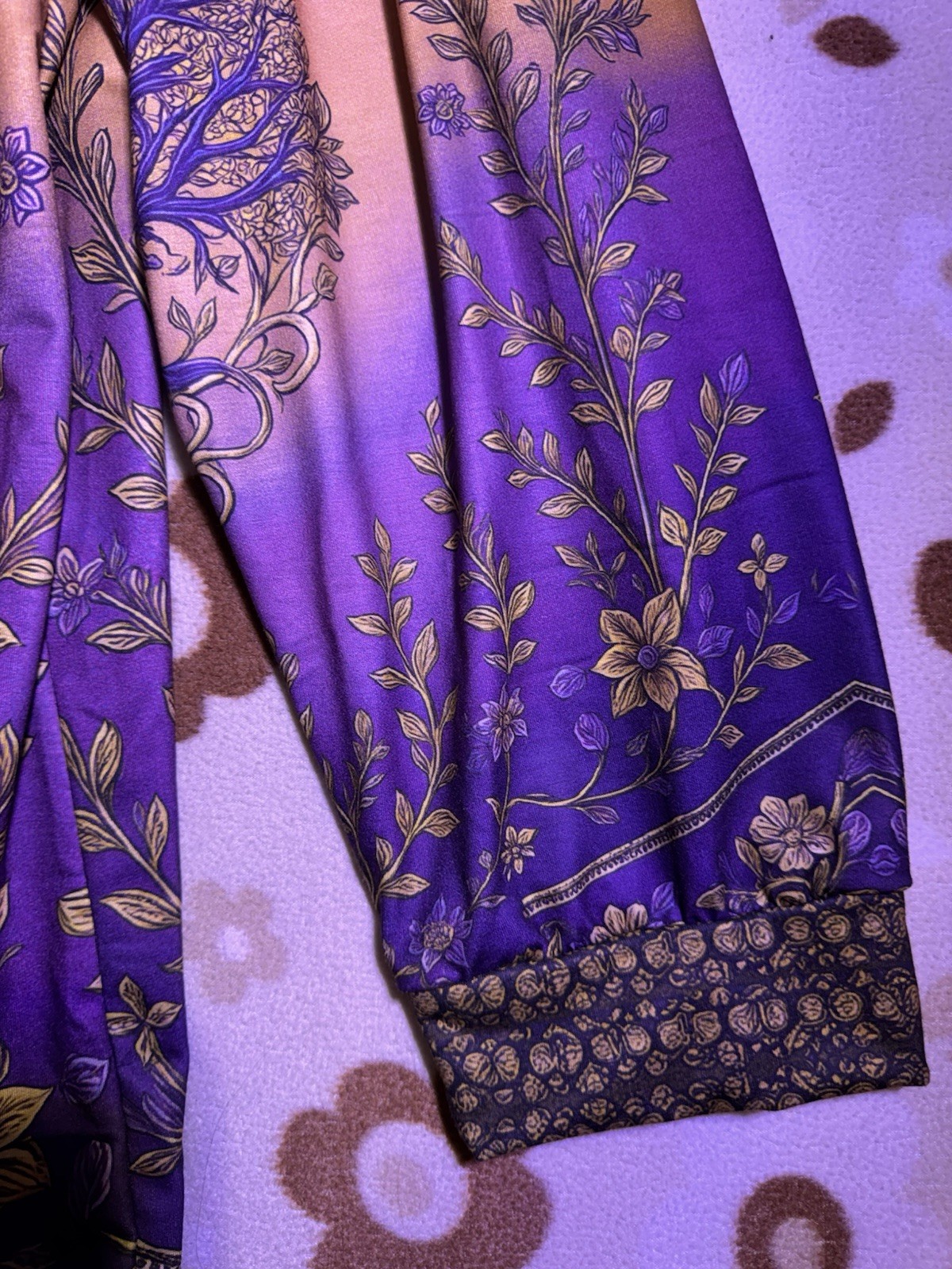 Women’s L Satin Polyester Hooded Floral Kimono Robe Purple/Beige Long Sleeve