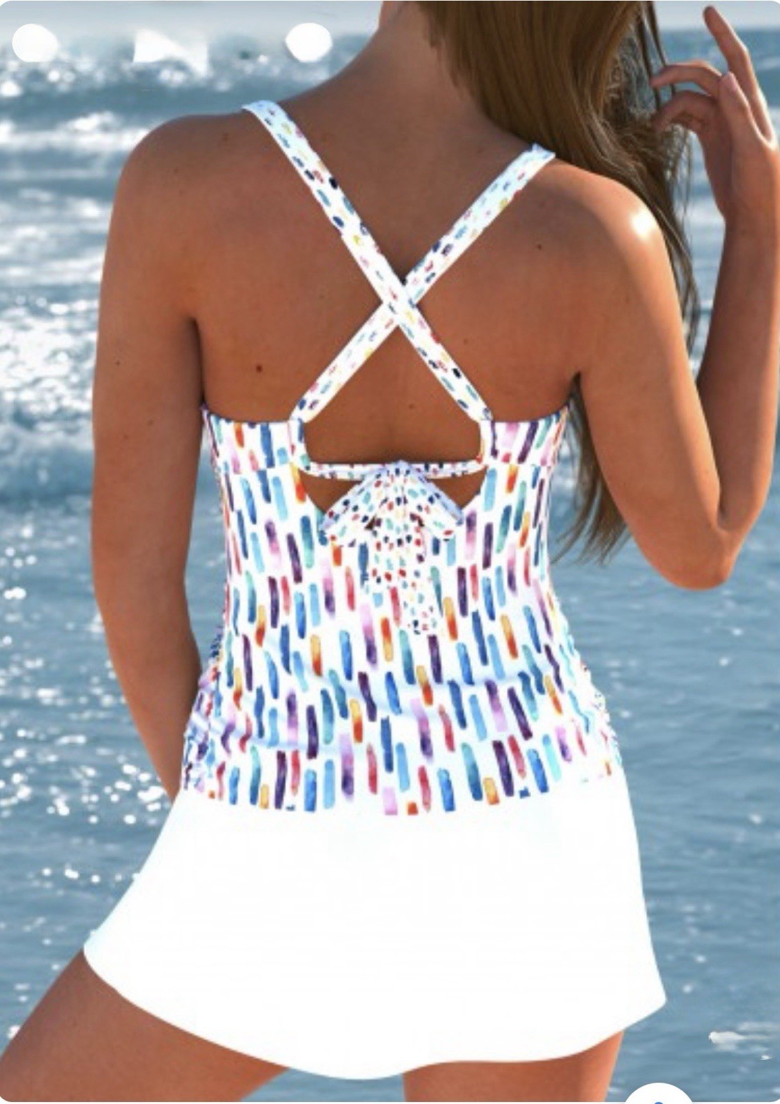 MODLILY Cross Cross Geometric Print White Tankini Set, Womens Sz Large NWOTS!!!