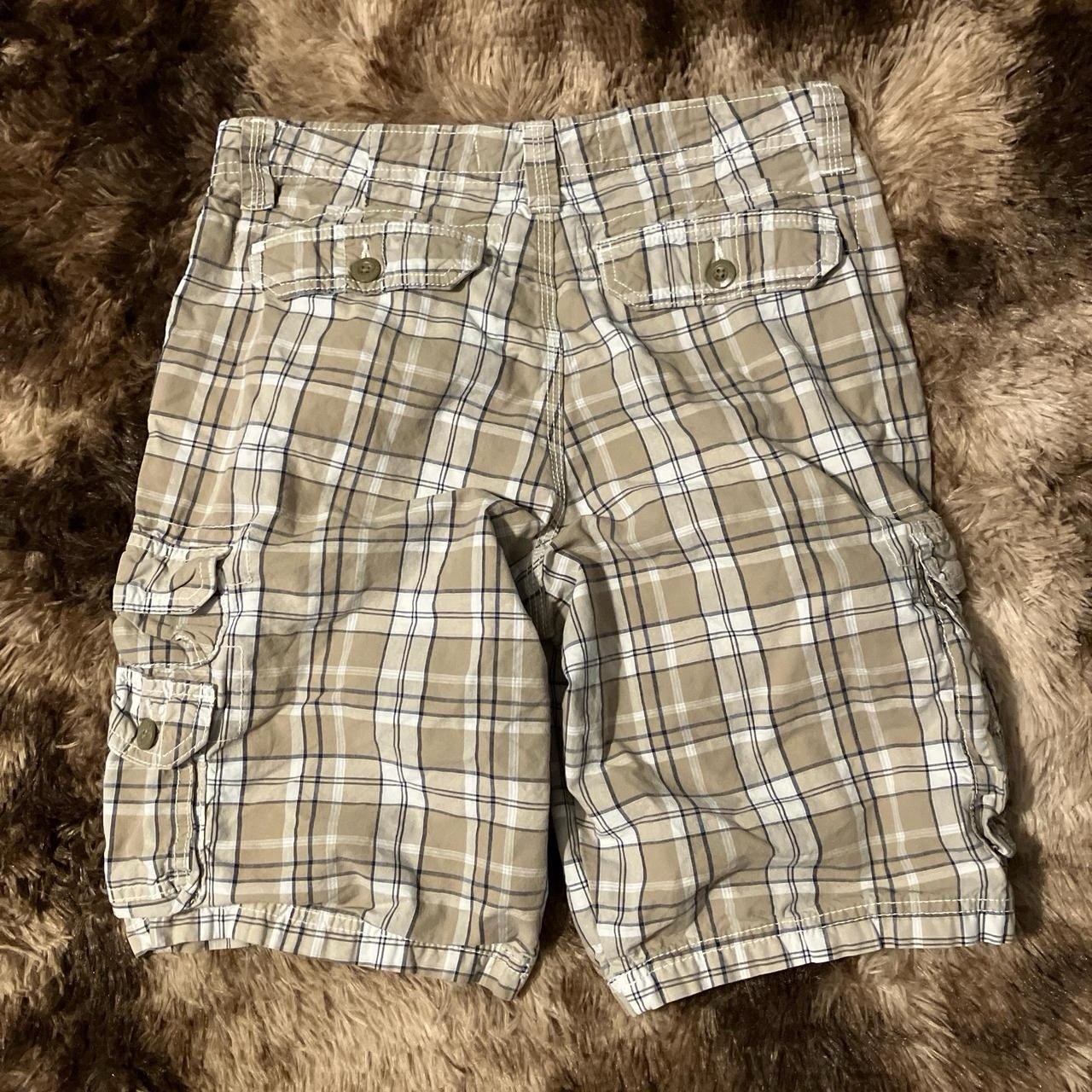 Lee Dungarees Men’s Plaid Beige White Blue Cotton Cargo Shorts Pockets Button