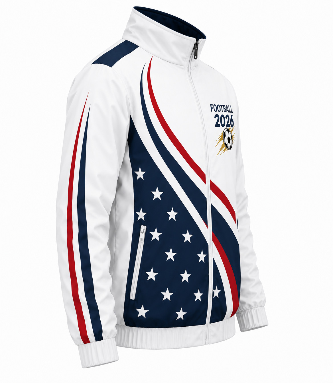 Men’s Biker Moto Football 2026 World Soccer Mega Event White Nylon Track Jacket