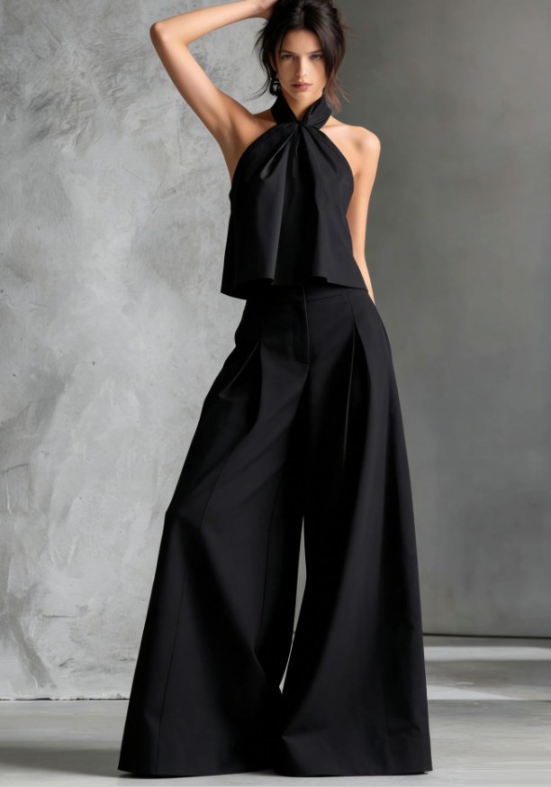 Women Sleeveless Halter Crop Top High Waist Wide Leg Pants 2 Piece Outfit Set