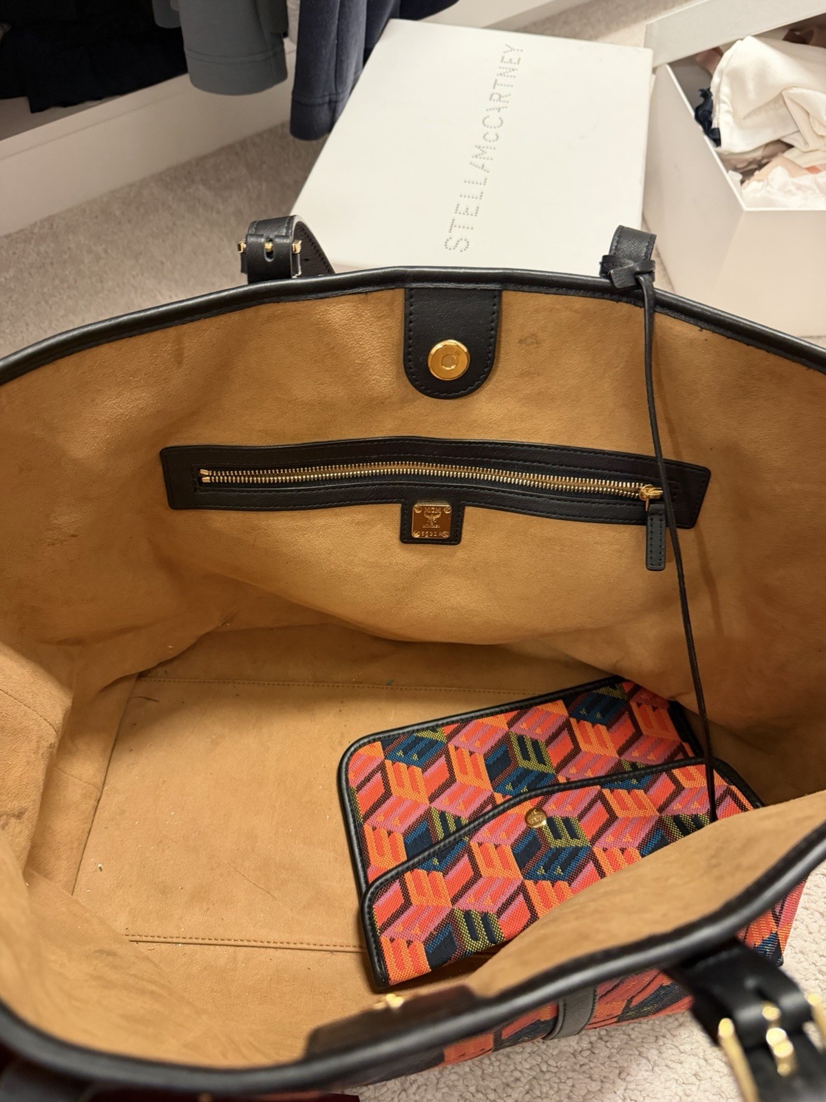 MCM Geometric Multicolor Tote Bag w/ Removable Pouch, Black Handles, Gold HW