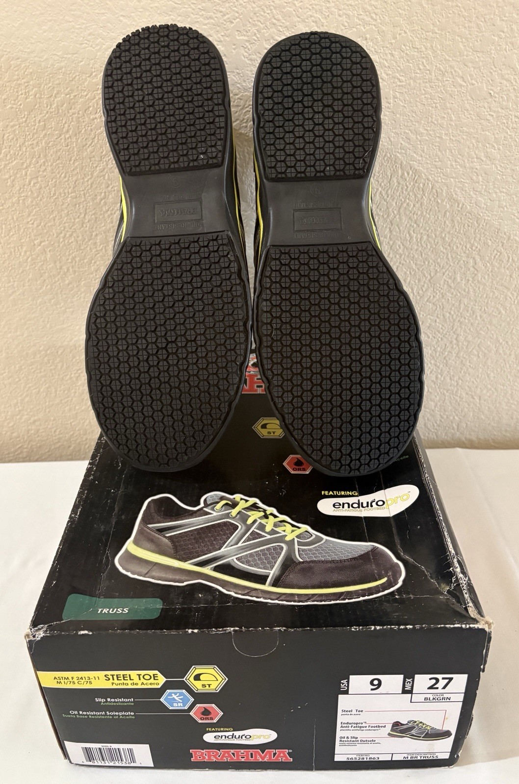 BRAHMA Truss men’s shoes, steel toe, oil and slip resistant, black w-green trim