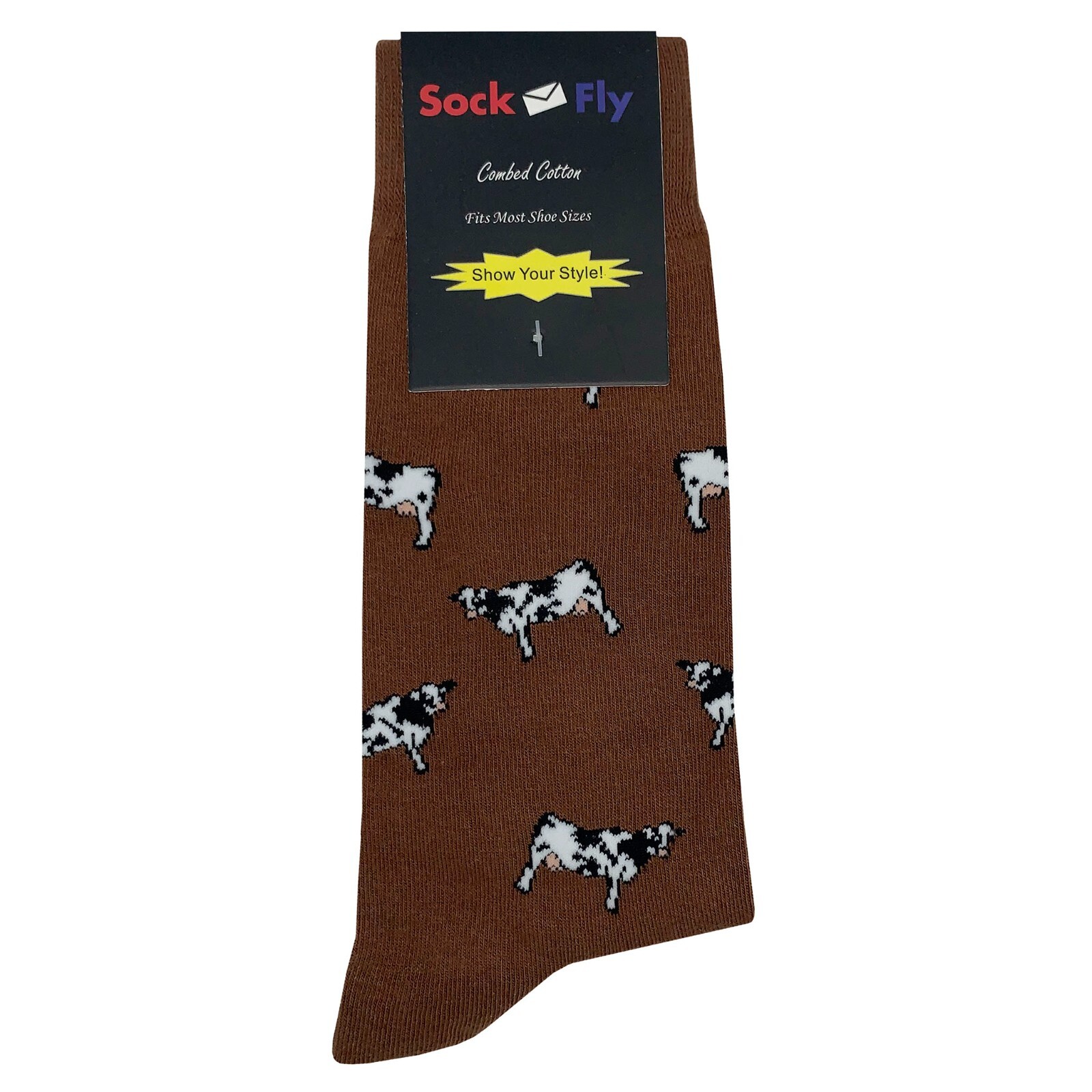 NWT Cow Frenzy Dress Socks Novelty Men 8-12 Brown Crazy Fun Sockfly