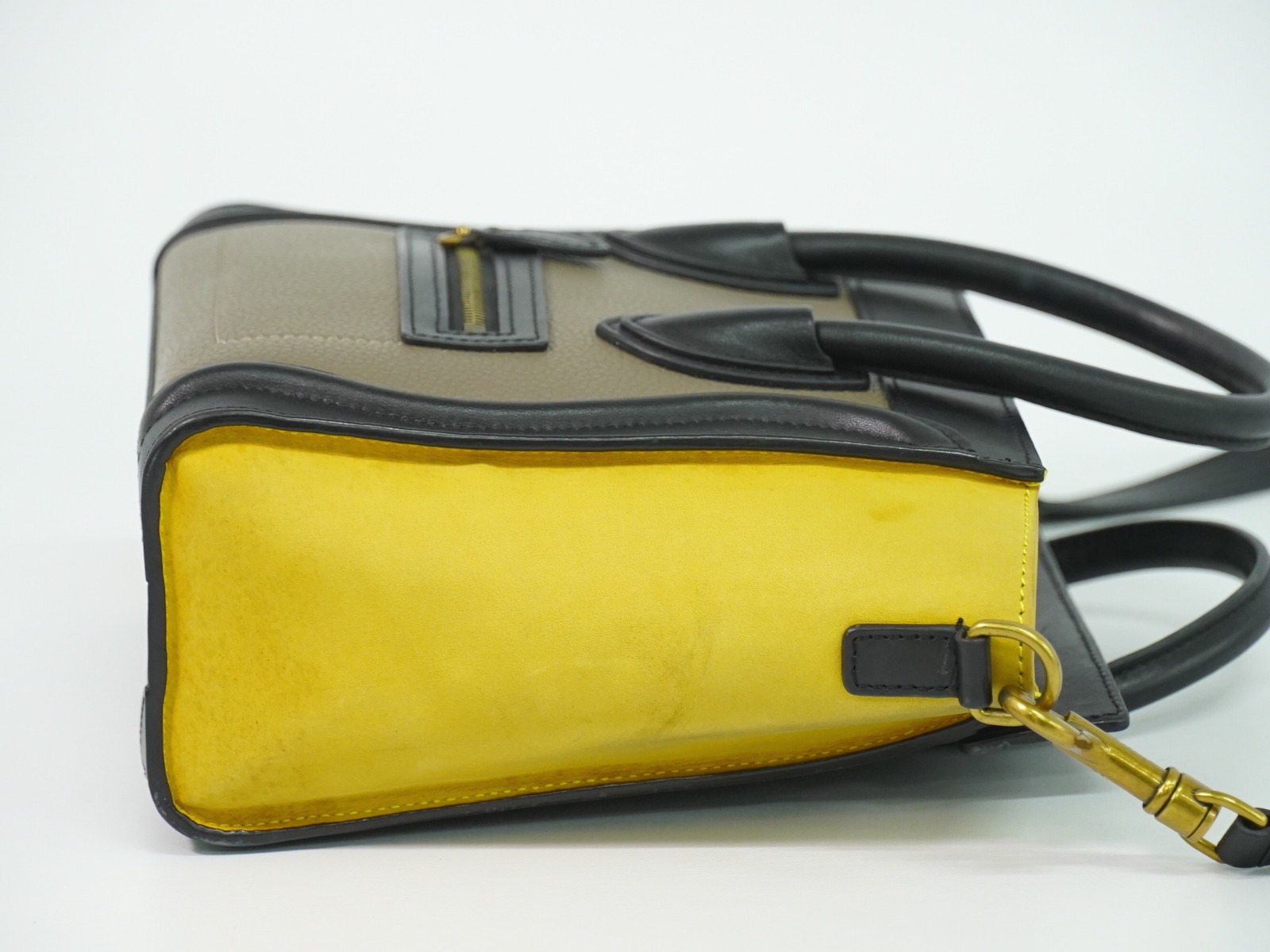 CELINE Luggage Nano Leather 2way Shoulder Handbag Greige Yellow Black