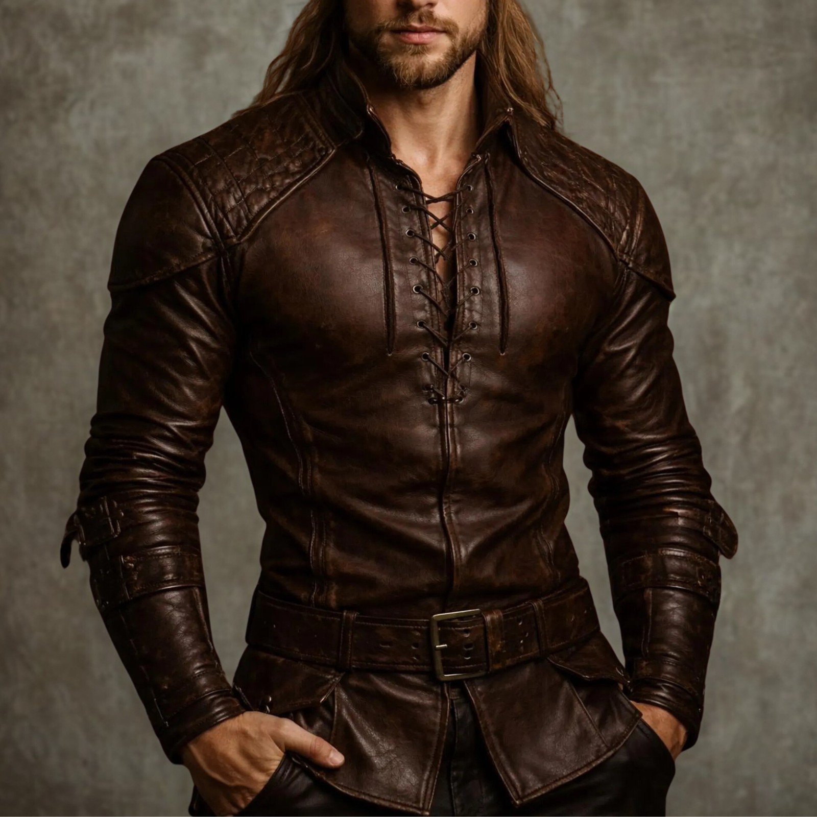 Genuine Leather Shirt Jacket Brown Lace Up Medieval Viking Renaissance Slim