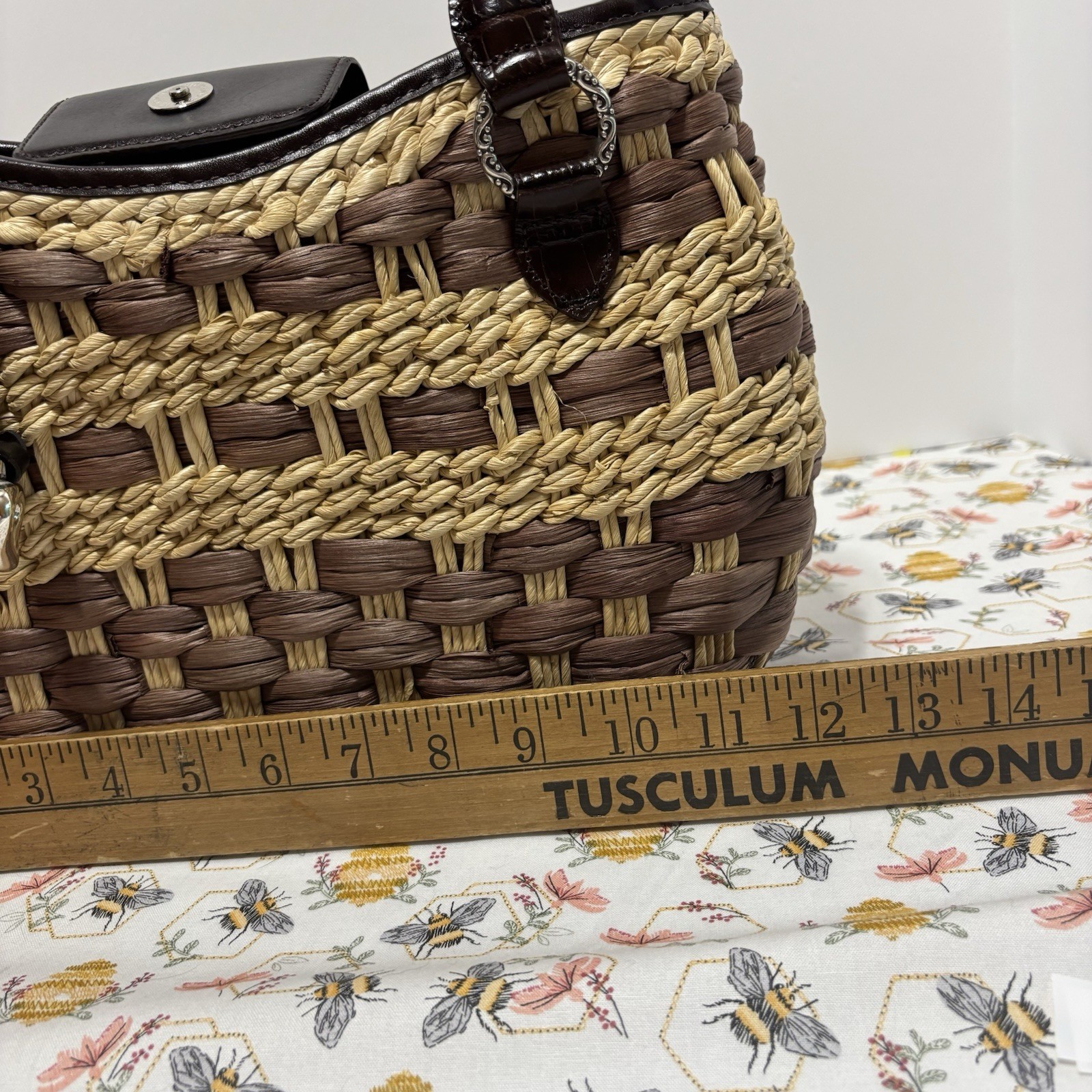 Brighton Brown Beige Woven Tote Bag Heart Charm Magnetic Closure Lined Pockets