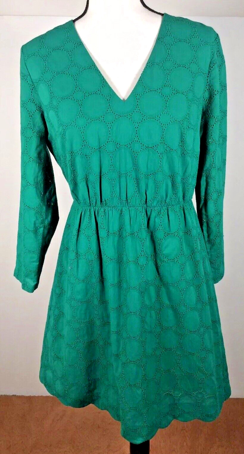 J Crew Dress Women 4 Green EYELET Long Sleeve Preppy Old Money Back Zip Lined