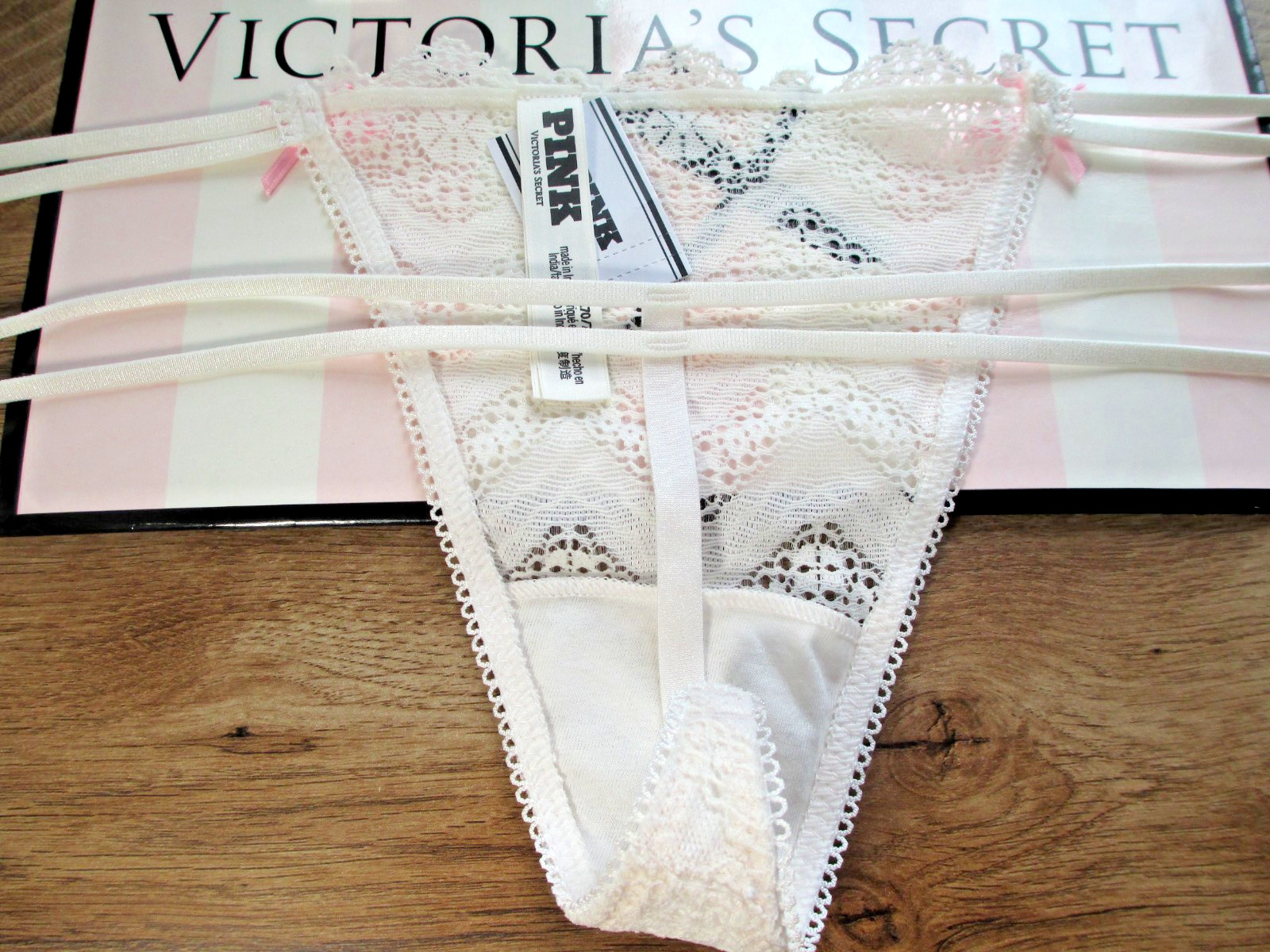 VICTORIA’S SECRET PINK V-String Thong Panty S M L XL Coconut White NWT Lace VS