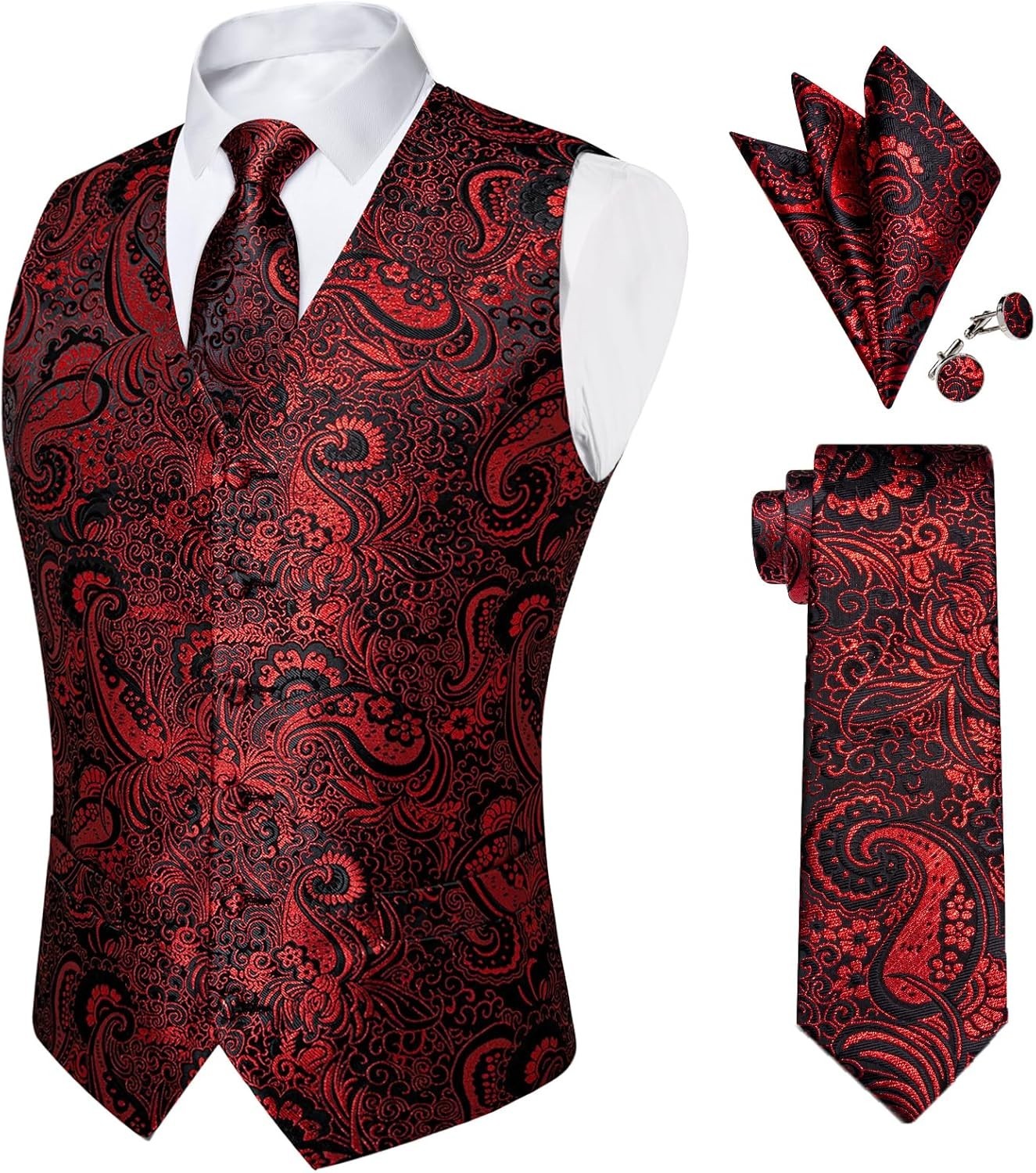Mens Paisley Silk Vest Tie Pocket Square Cufflinks Set for Wedding Party Formal