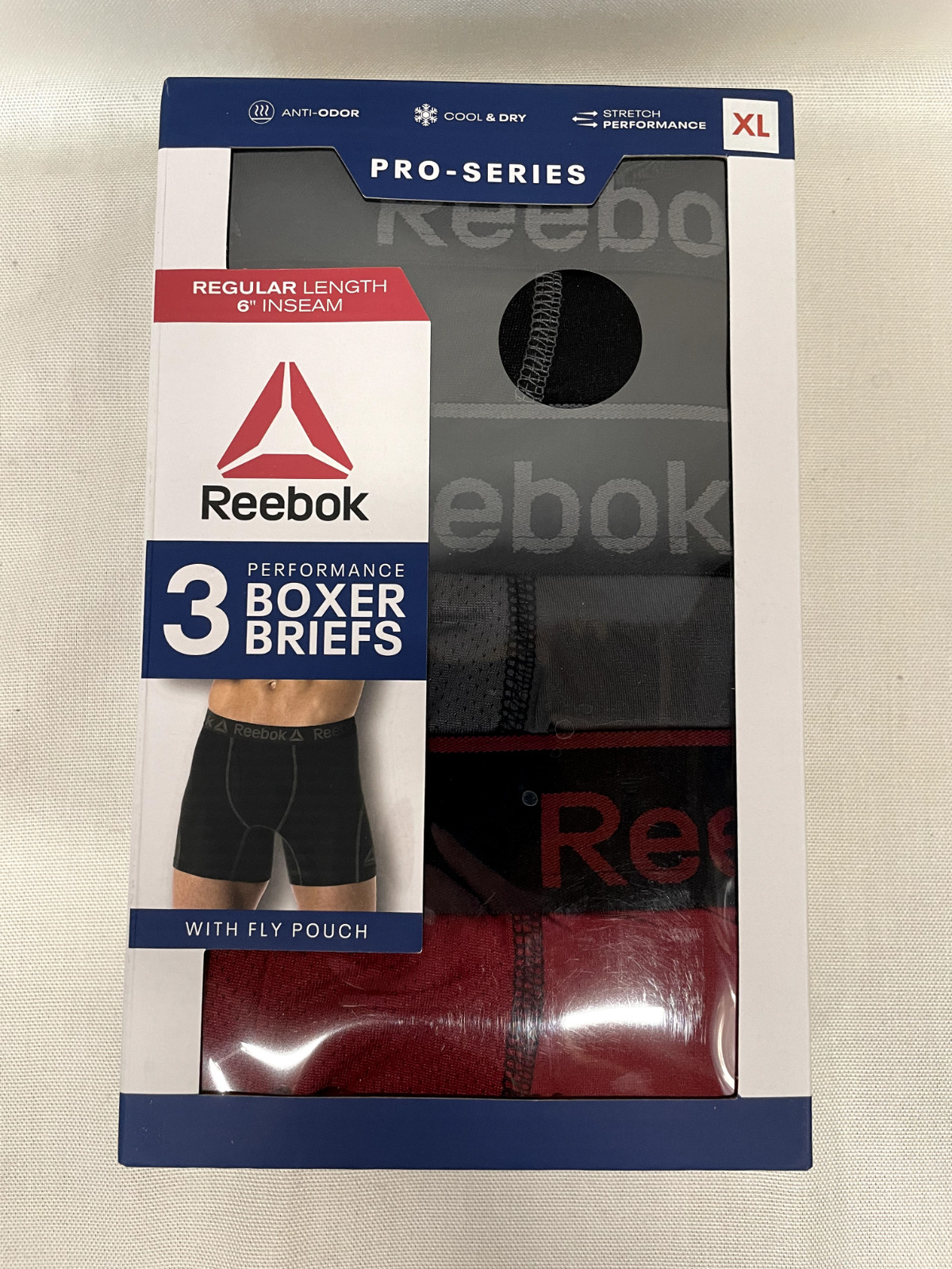 REEBOK Men’s 3-Pack Pro Series Performance Boxer Briefs 6” Inseam, Size: S, XL