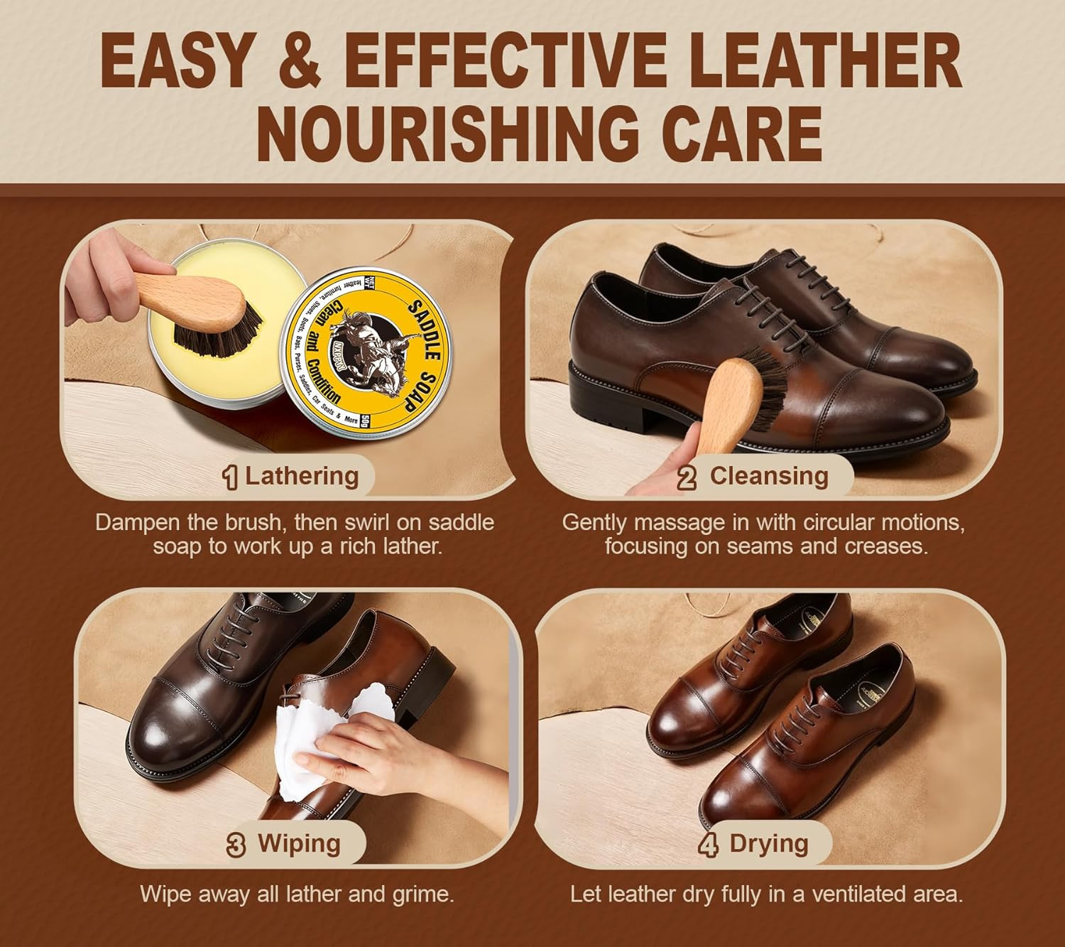 Leather Boot Care Kit 6 in 1 Mink Oil Saddle Soap Shoe Cleaner Conditioner