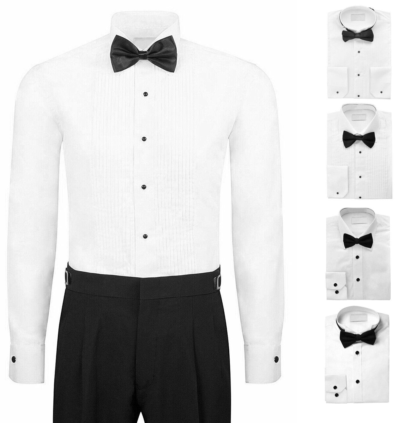 Men’s White Formal Tux Tuxedo Pleated Dress Shirt Bow Tie Included 2 Collars