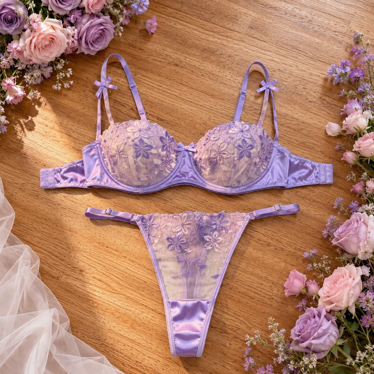 Purple Floral Lace Lingerie Set Women’s Bra & Thong Satin Sheer Embroidery XL