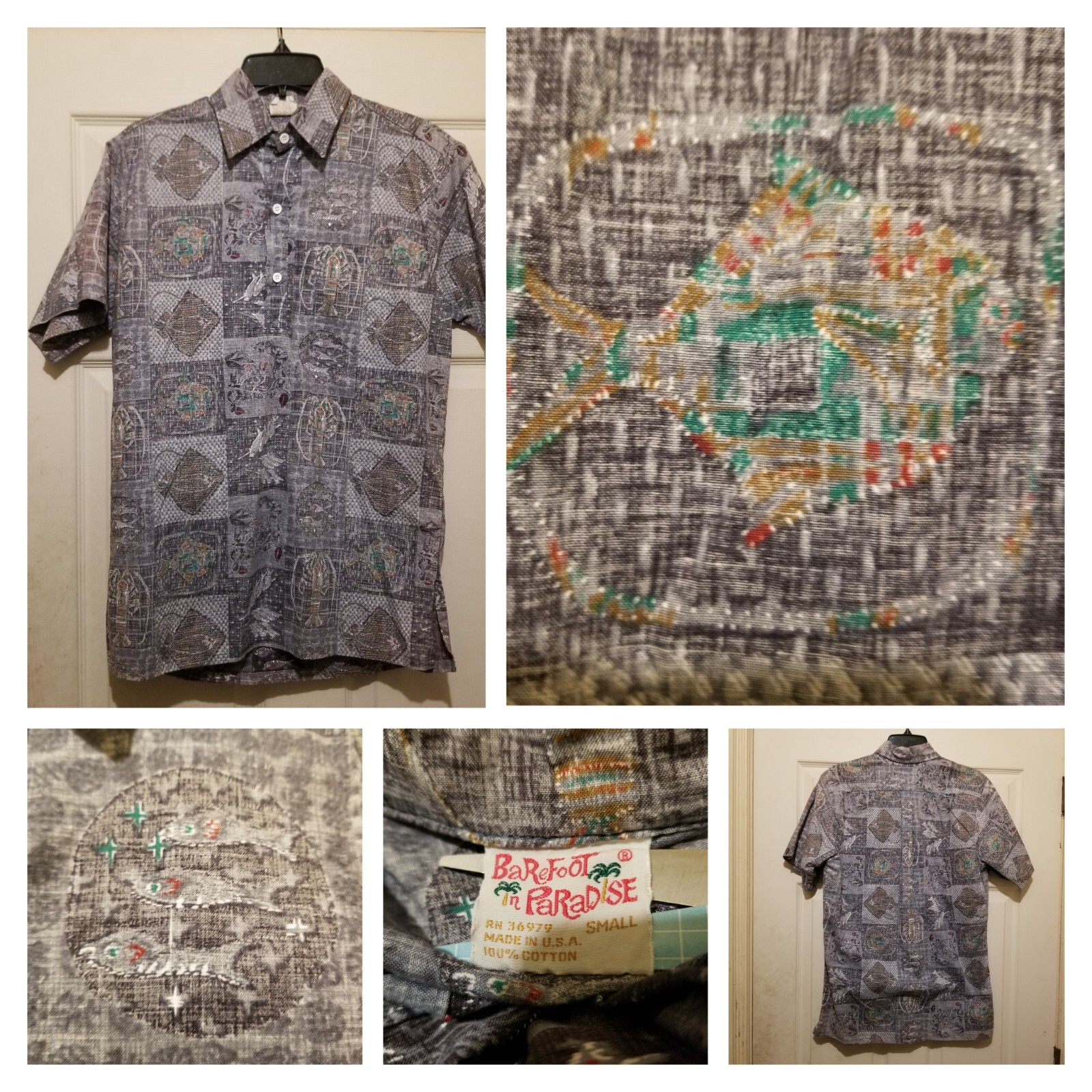 Barefoot In Paradise Shirt Mens Small Purple Fish Lobster Crab Sea Life Hawaiian