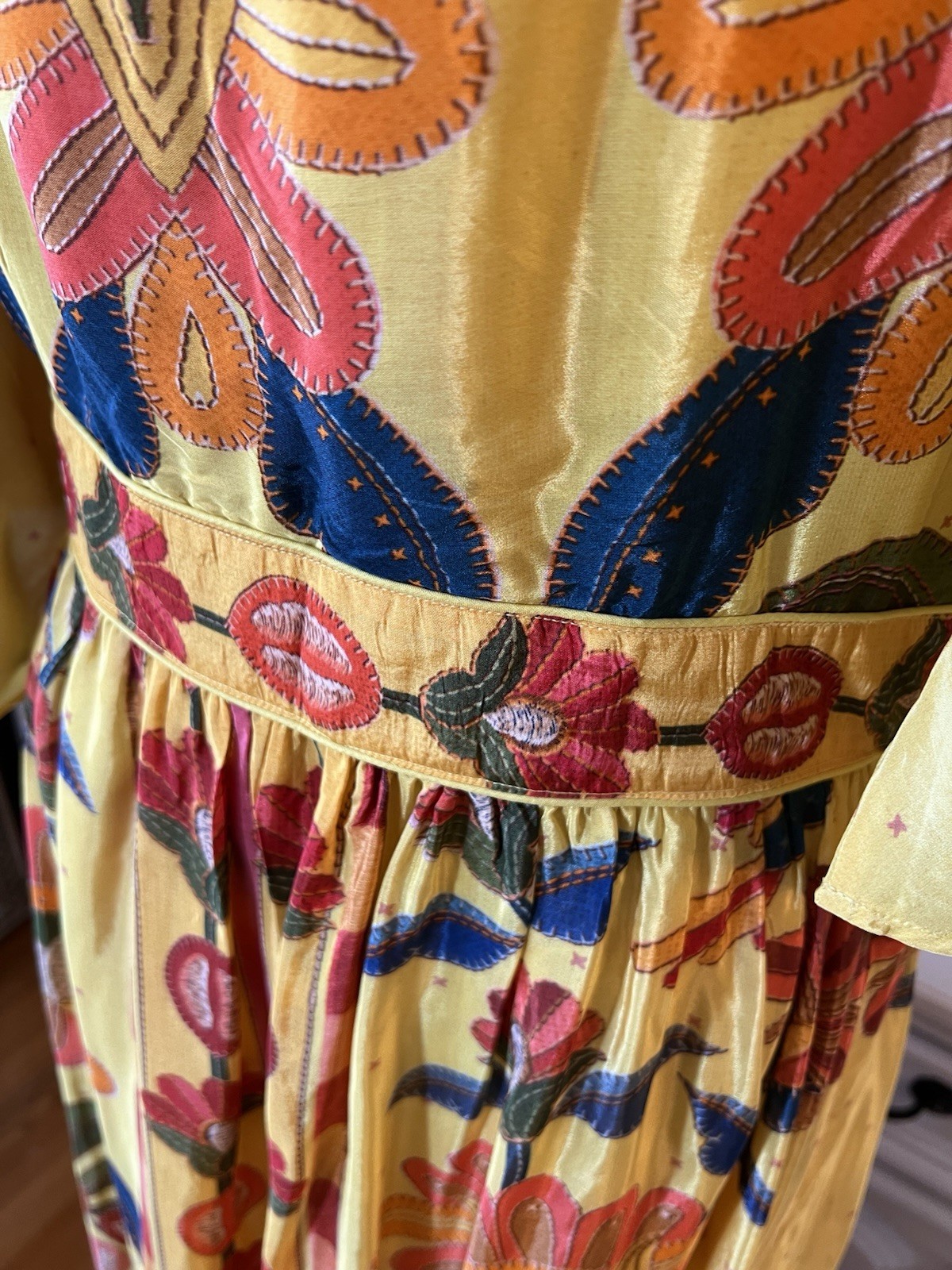 FARM Rio For Anthropologie Yellow Tropical Print Satin Like Fabric Maxi Dress M