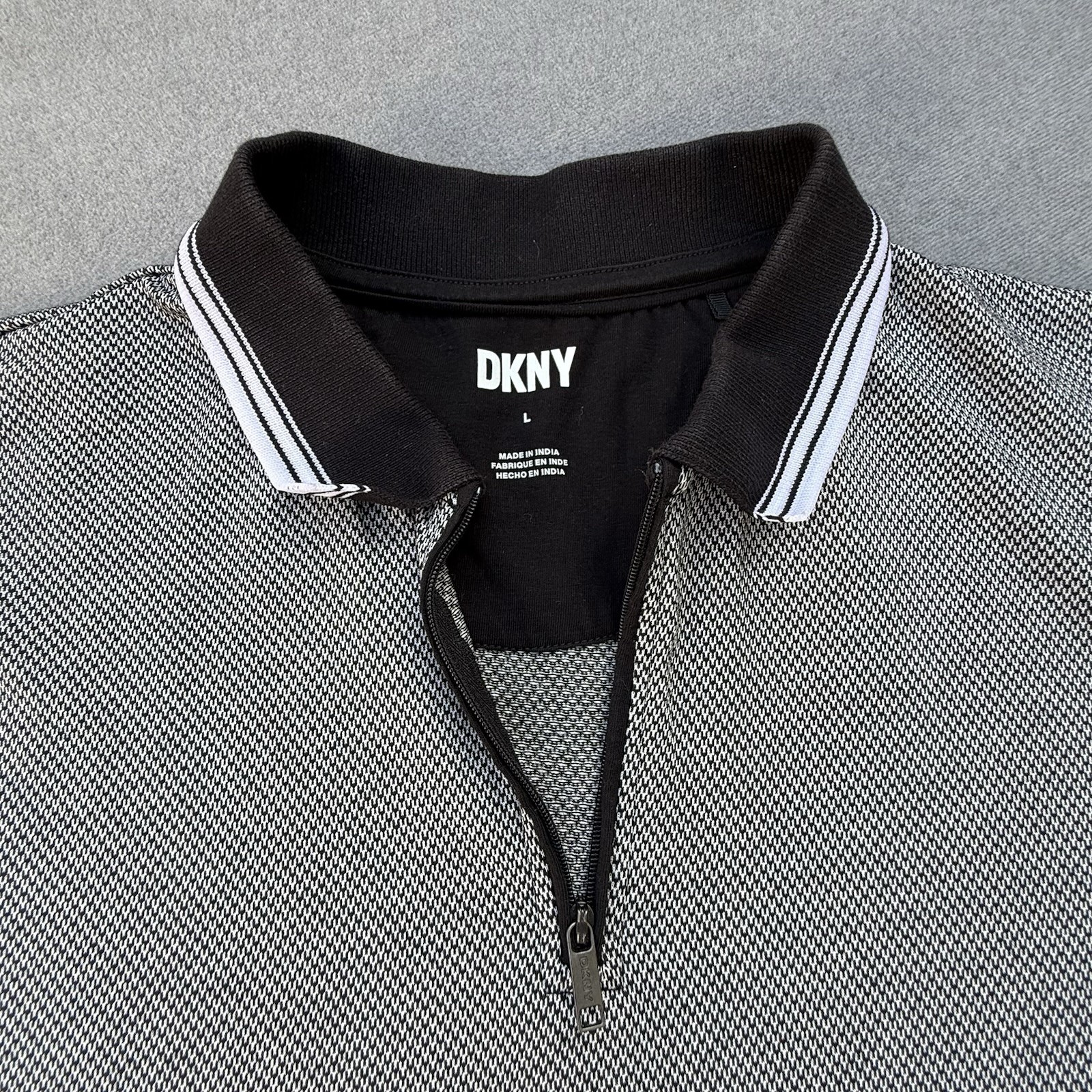 DKNY Men’s Polo Shirt L Black/White Geometric Knit 1/4 Zip Short Sleeve
