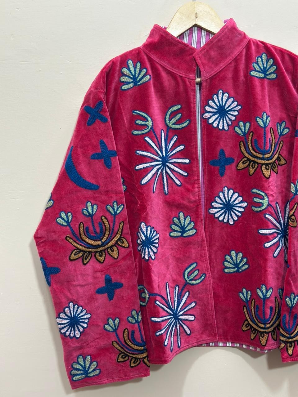 Pink Floral Velvet Suzani Jacket Handmade Embroidered Festival Fashionable Coat