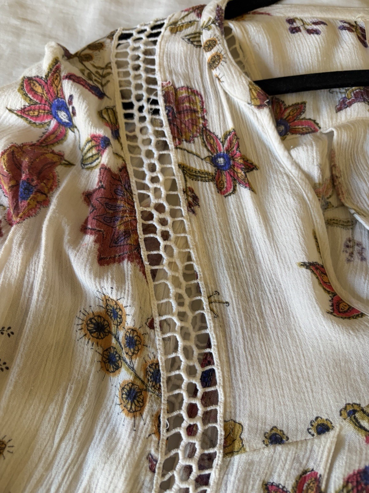 Free People Floral Boho Peasant Blouse V-Neck Balloon Long Sleeve Viscose Size S