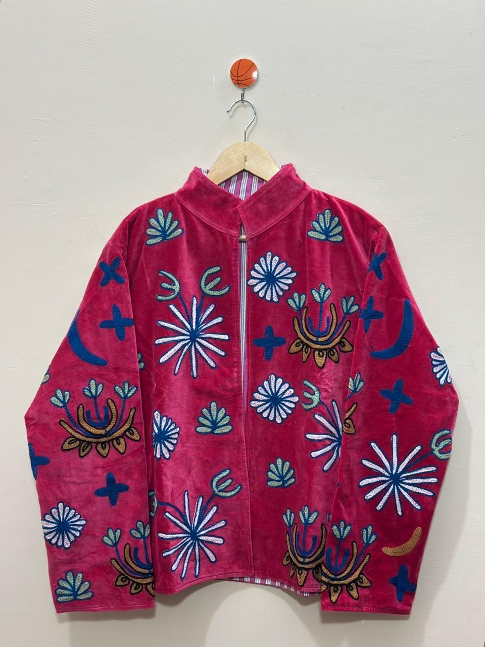 Pink Floral Velvet Suzani Jacket Handmade Embroidered Festival Fashionable Coat