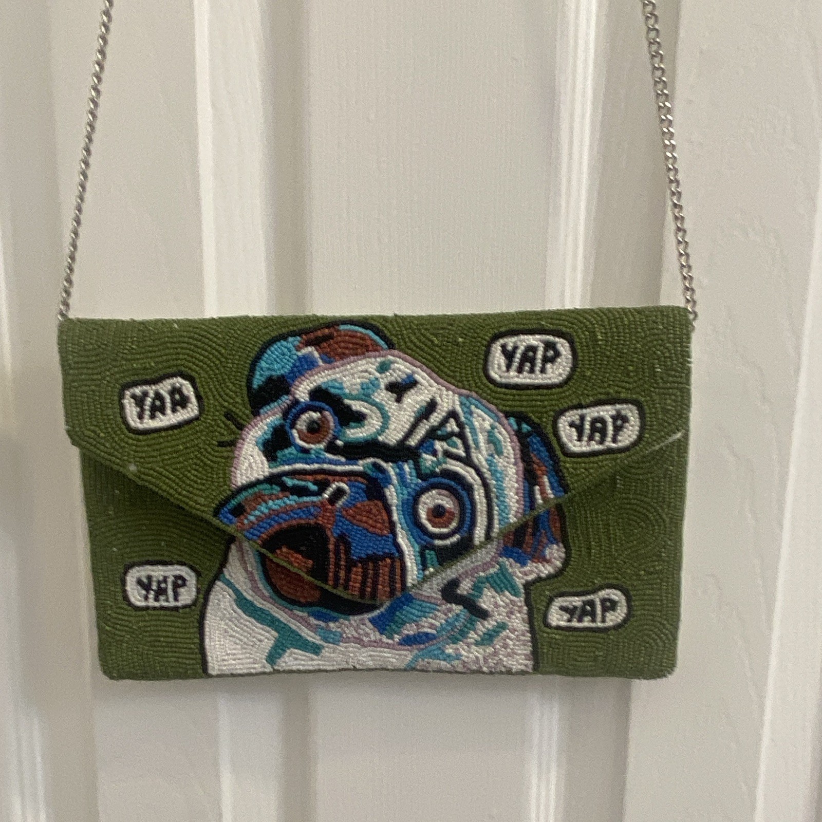 Beaded Embroidered Pug Dog “YAP” Shoulder Bag Green/White Silver Chain Strap