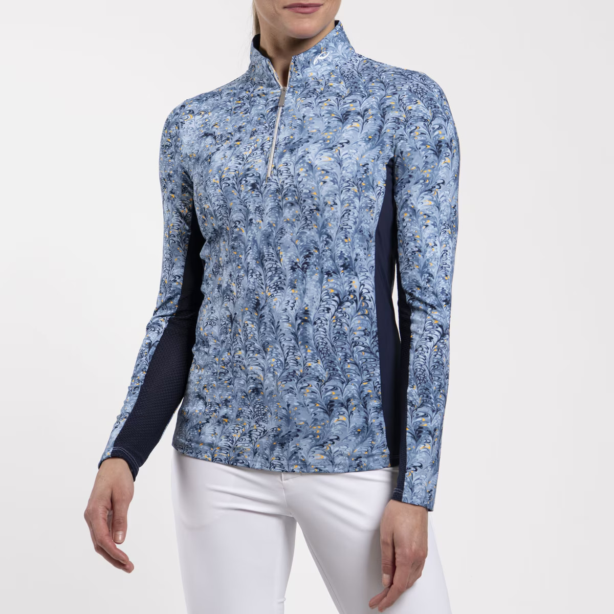 KJUS SUNSHINE TRANQUIL BLUE BURST 1/4 ZIP LONG SLEEVE MOCK TOP WOMENS M GOLF NEW