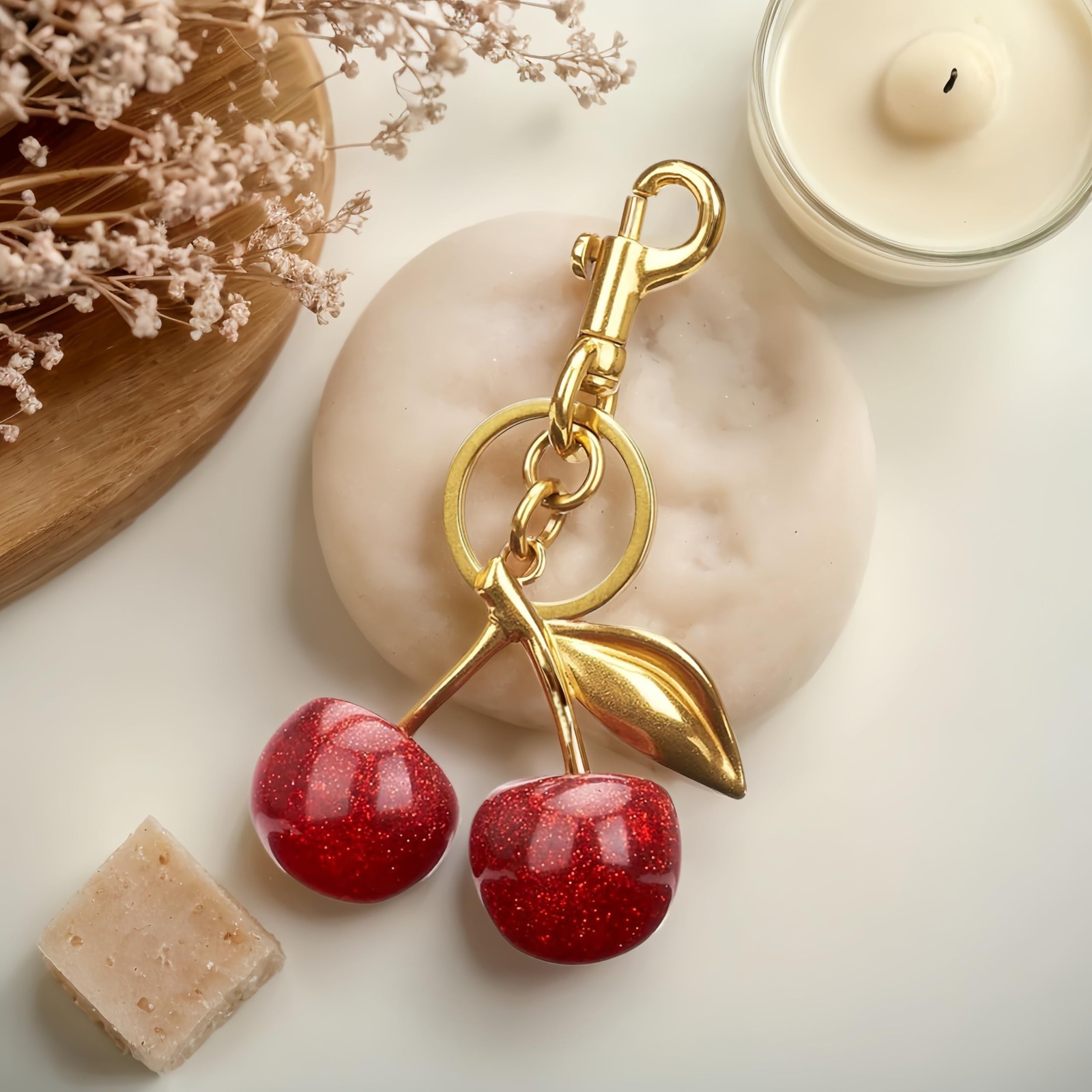 Women’s Cute Cherry Bag Charm Keychain – Red Glitter Purse Key Chain