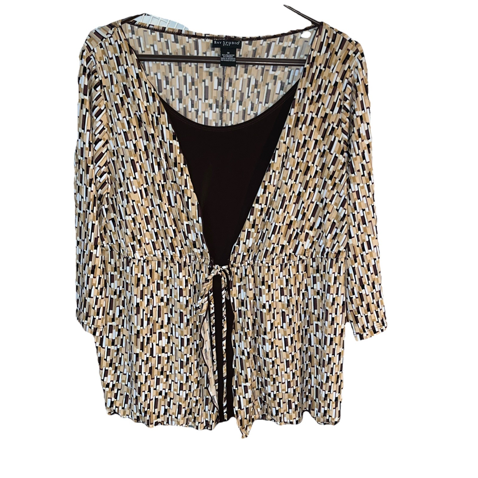 Bay Studio Plus 1X Brown/Tan/Cream Print Faux Tank Boho Chic Tunic Grandmacore