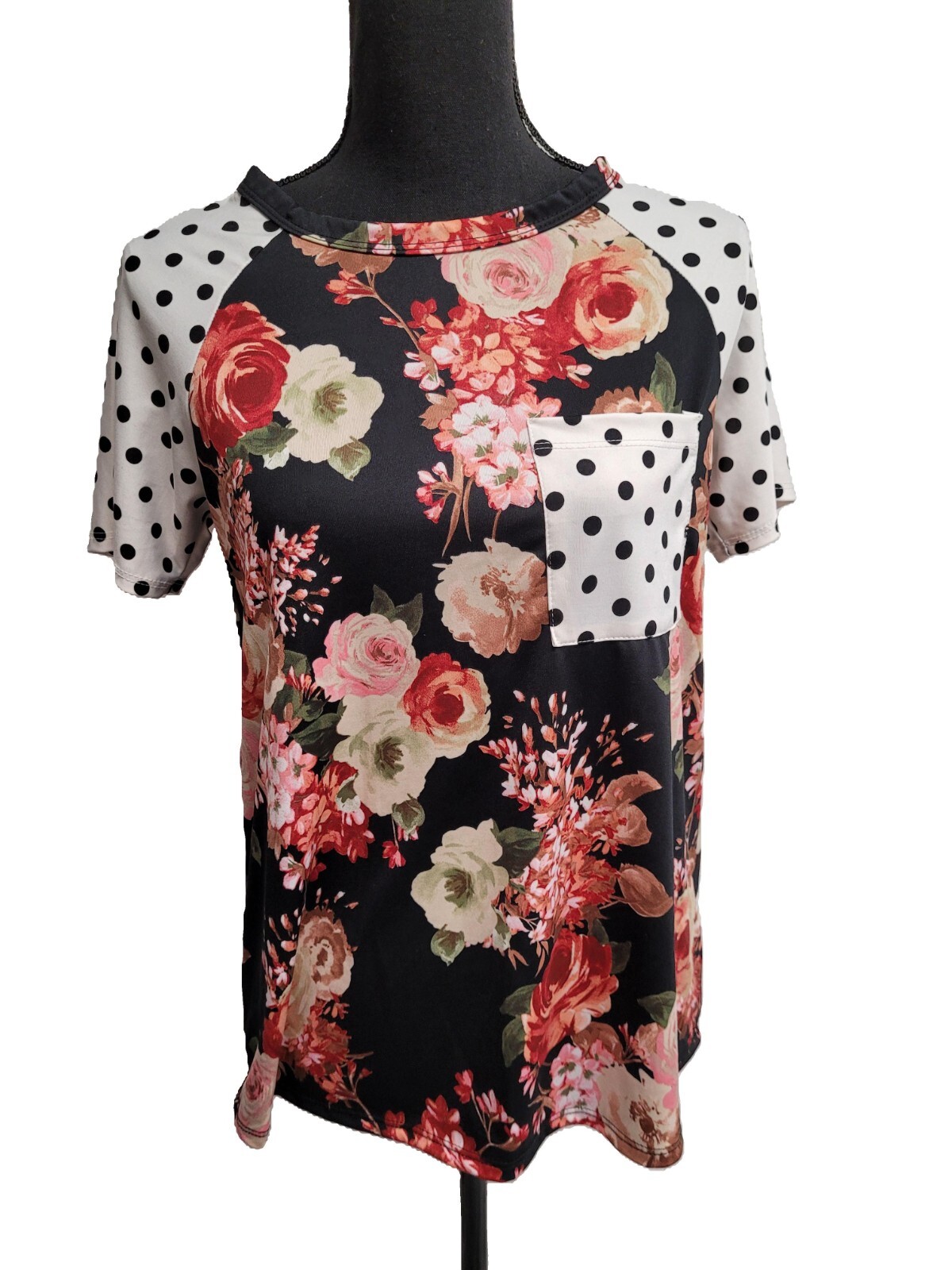 DoubleJu Top (S) Multicolor Floral Short-Sleeve Pocket Tapered Polyester/Spandex