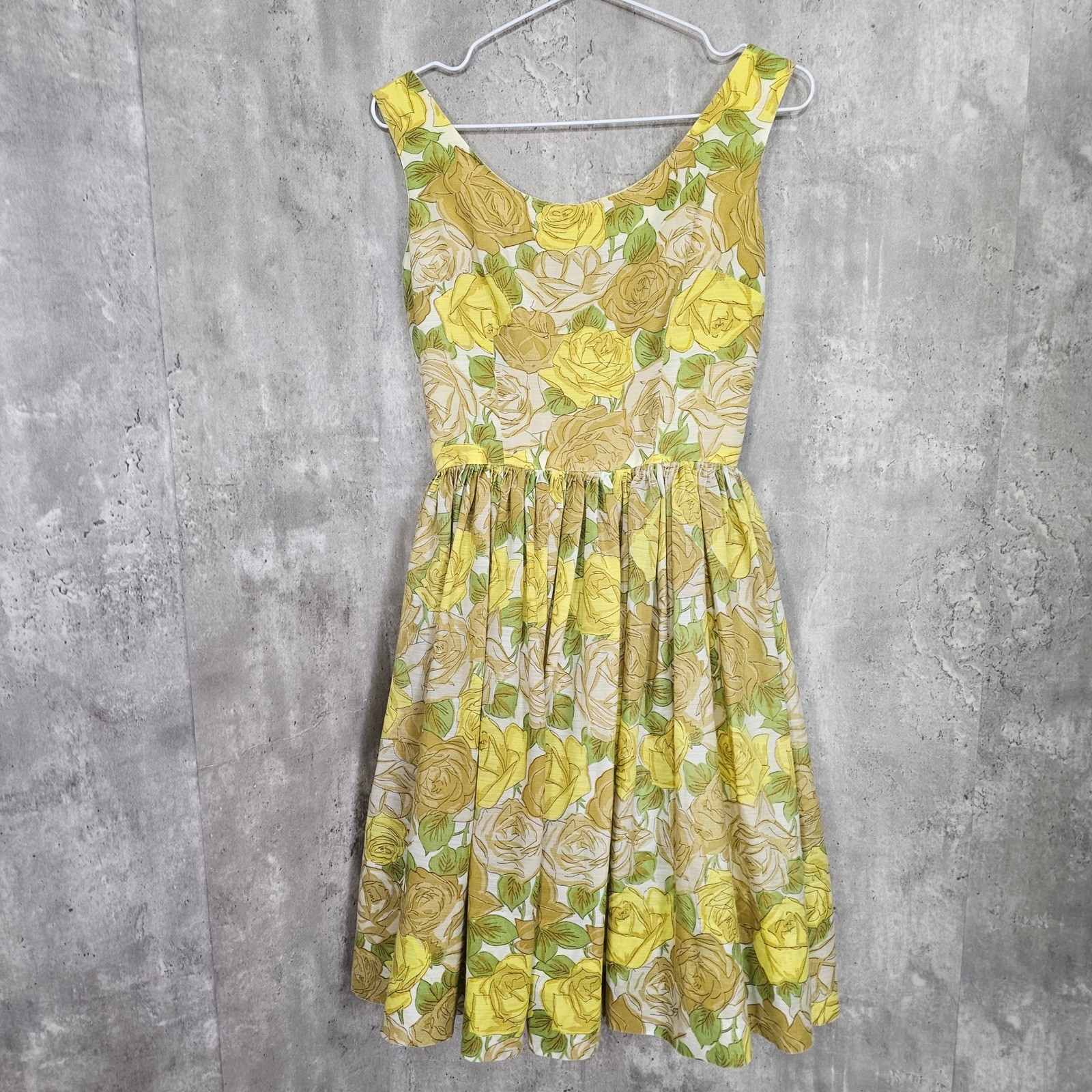 Vintage 50s 60s Melinda California Yellow Rose Floral Sundress Fit Flare Flirty