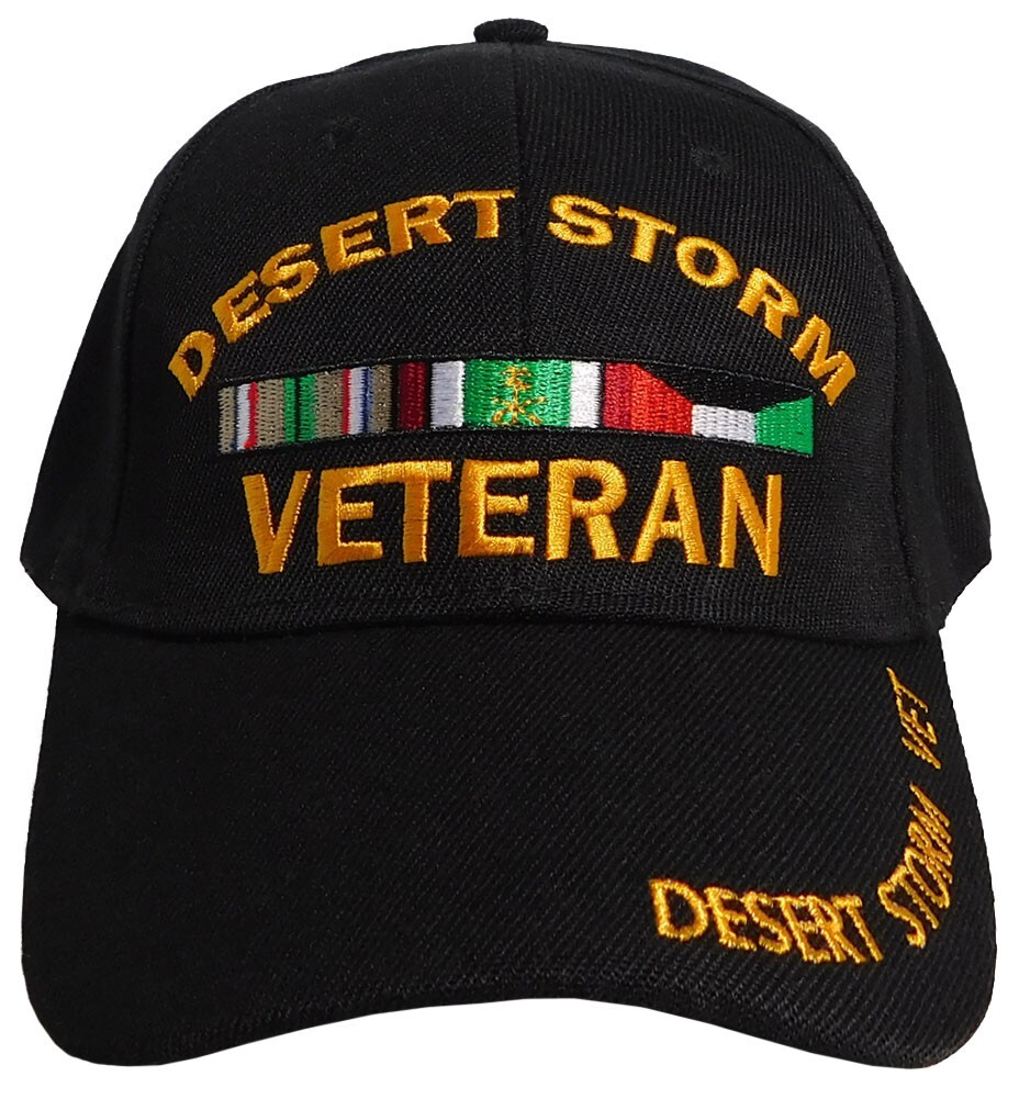 Desert Storm Veteran Ribbon Black Acrylic Adjustable Embroidered Cap Hat