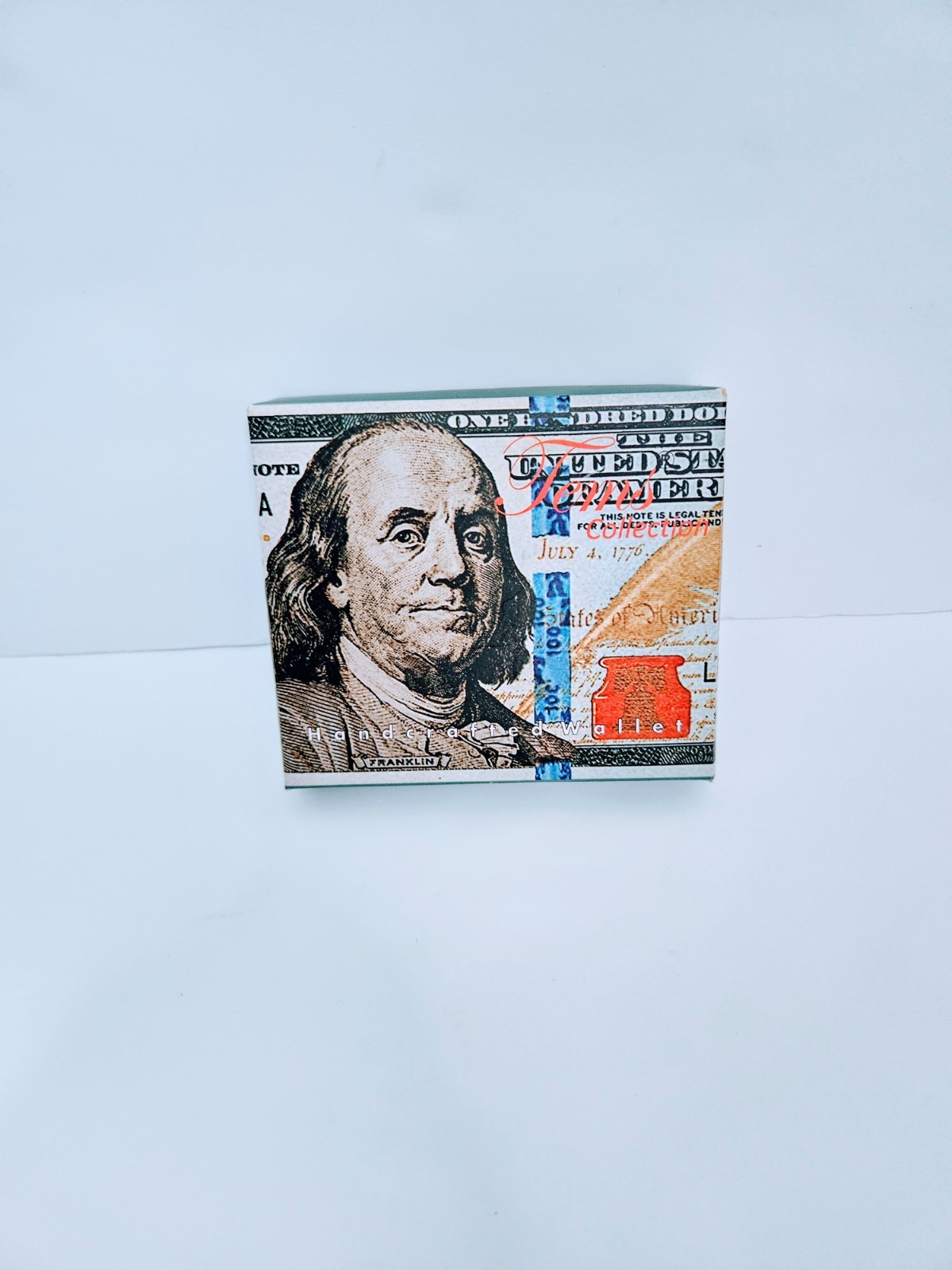 Tems Handcrafted Bifold Novelty Wallet Featuring a print of a $100 Bill