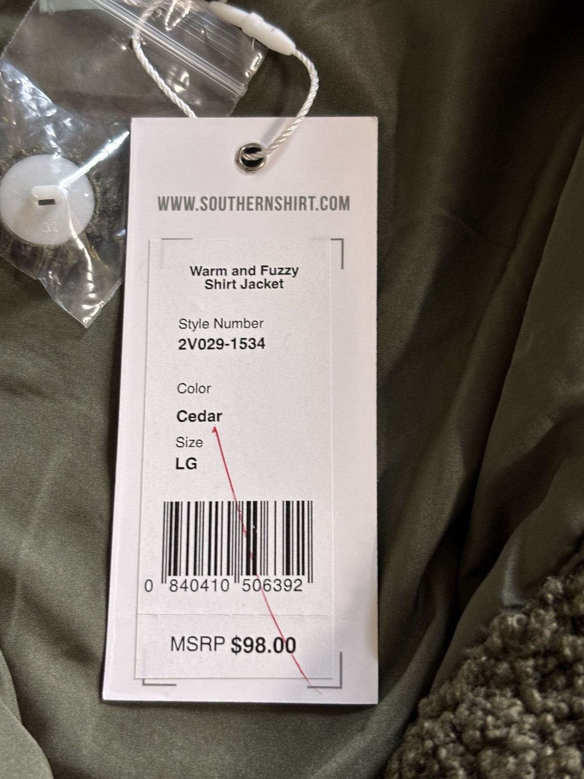Southern Shirt Warm and Fuzzy Shirt Jacket Cedar Size Large Fully Lined NWT $98