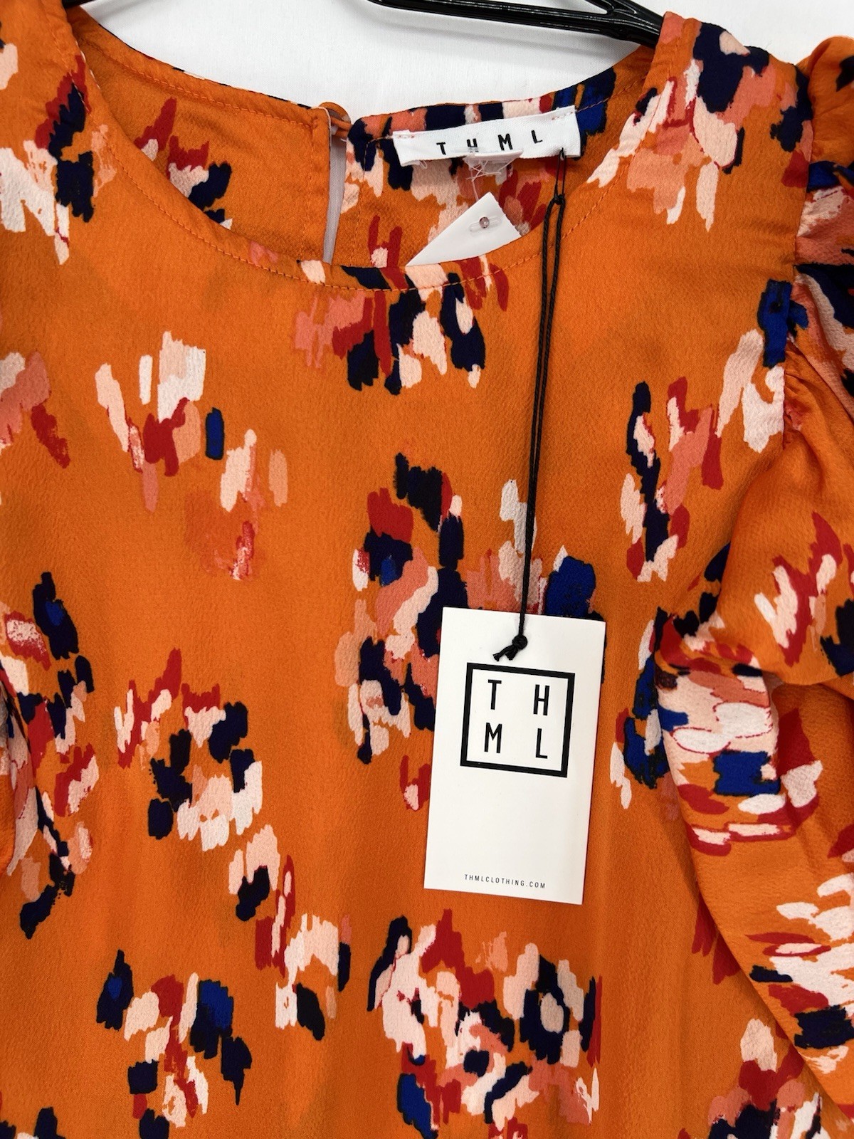 THML NWT Orange Floral Ruffle Sleeve Blouse Womens Small Statement Top