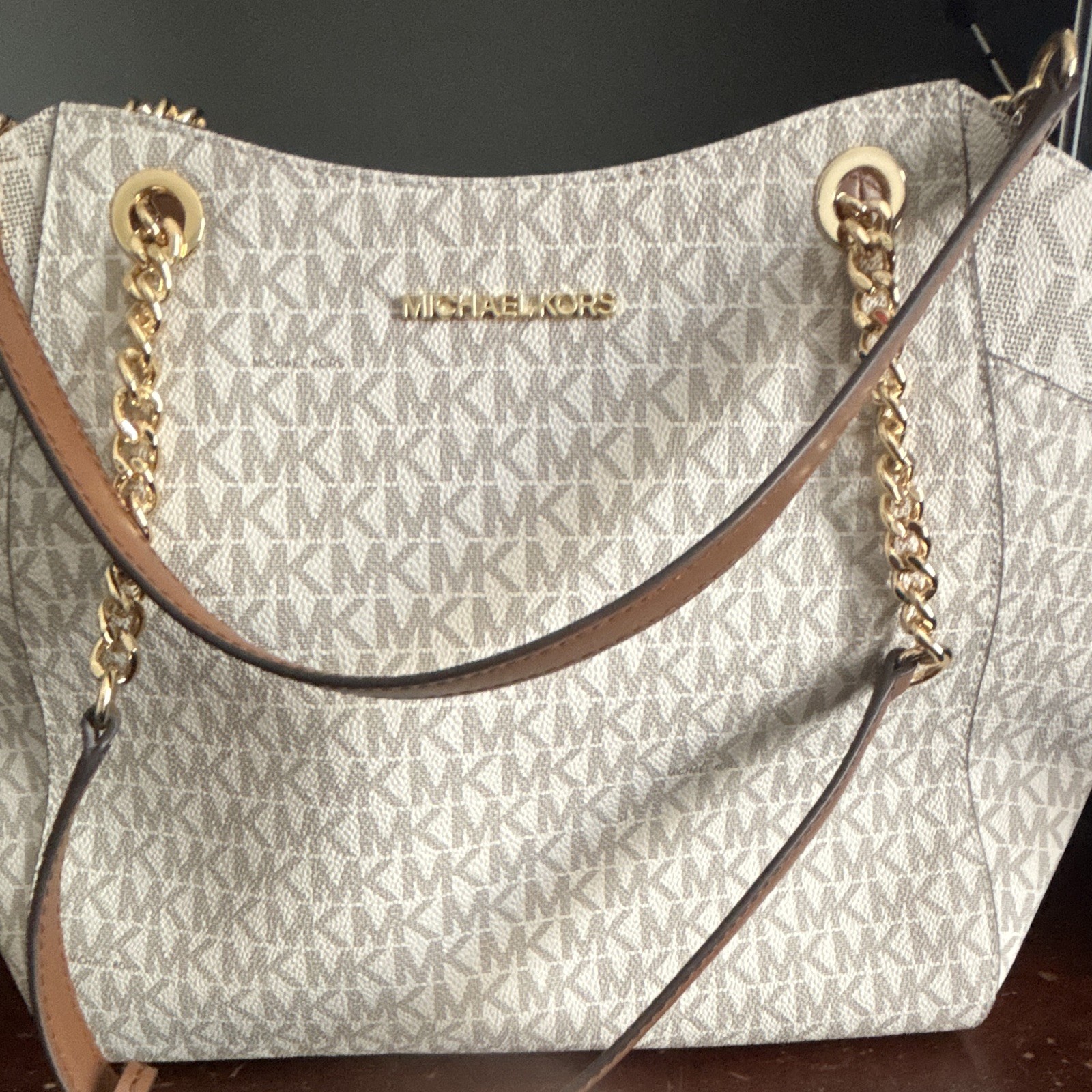 Michael Kors Jet Set Large Logo Tote Zip Beige Brown Gold Chain Detach Strap